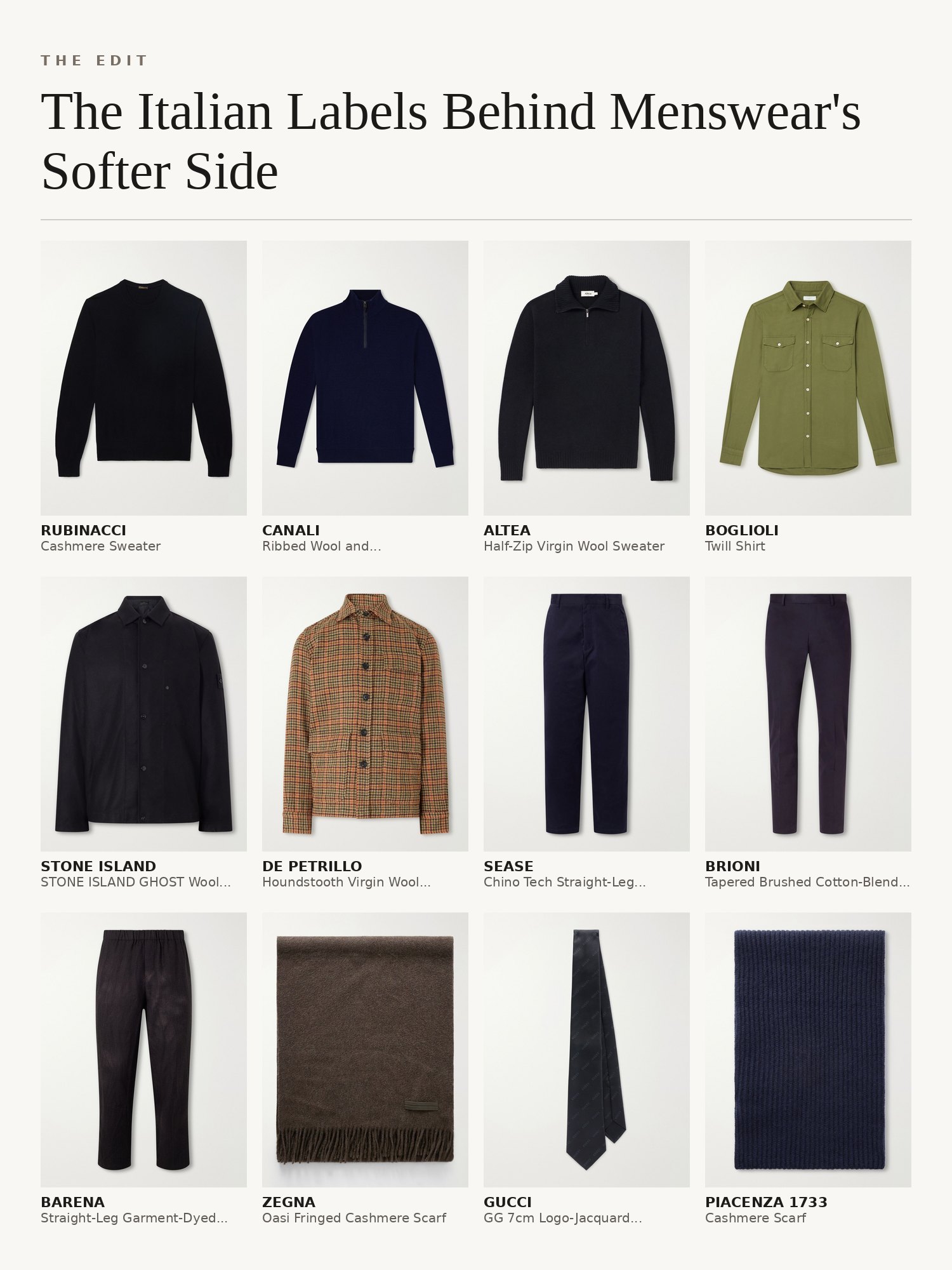 Collage of Italian menswear: cashmere sweaters, overshirts, corduroy trousers, silk ties and cashmere scarves