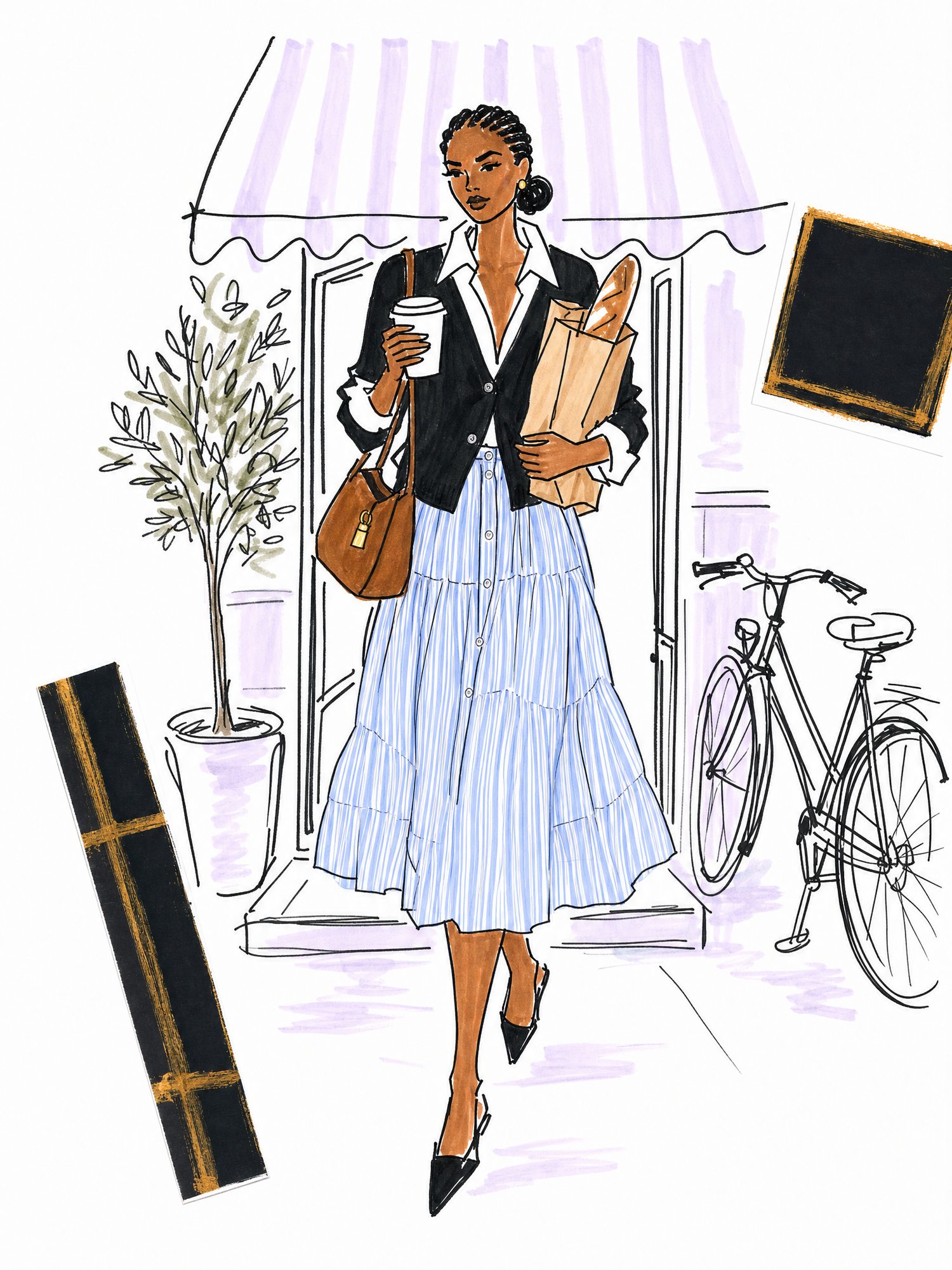 Illustration of a woman leaving a cafe with a baguette in a black cardigan, white shirt, blue striped tiered midi skirt and black slingback flats