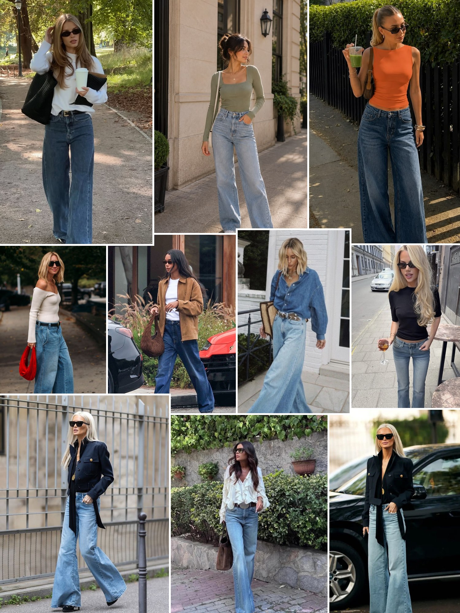 Collage of denim outfits with full-length flare and barrel jeans
