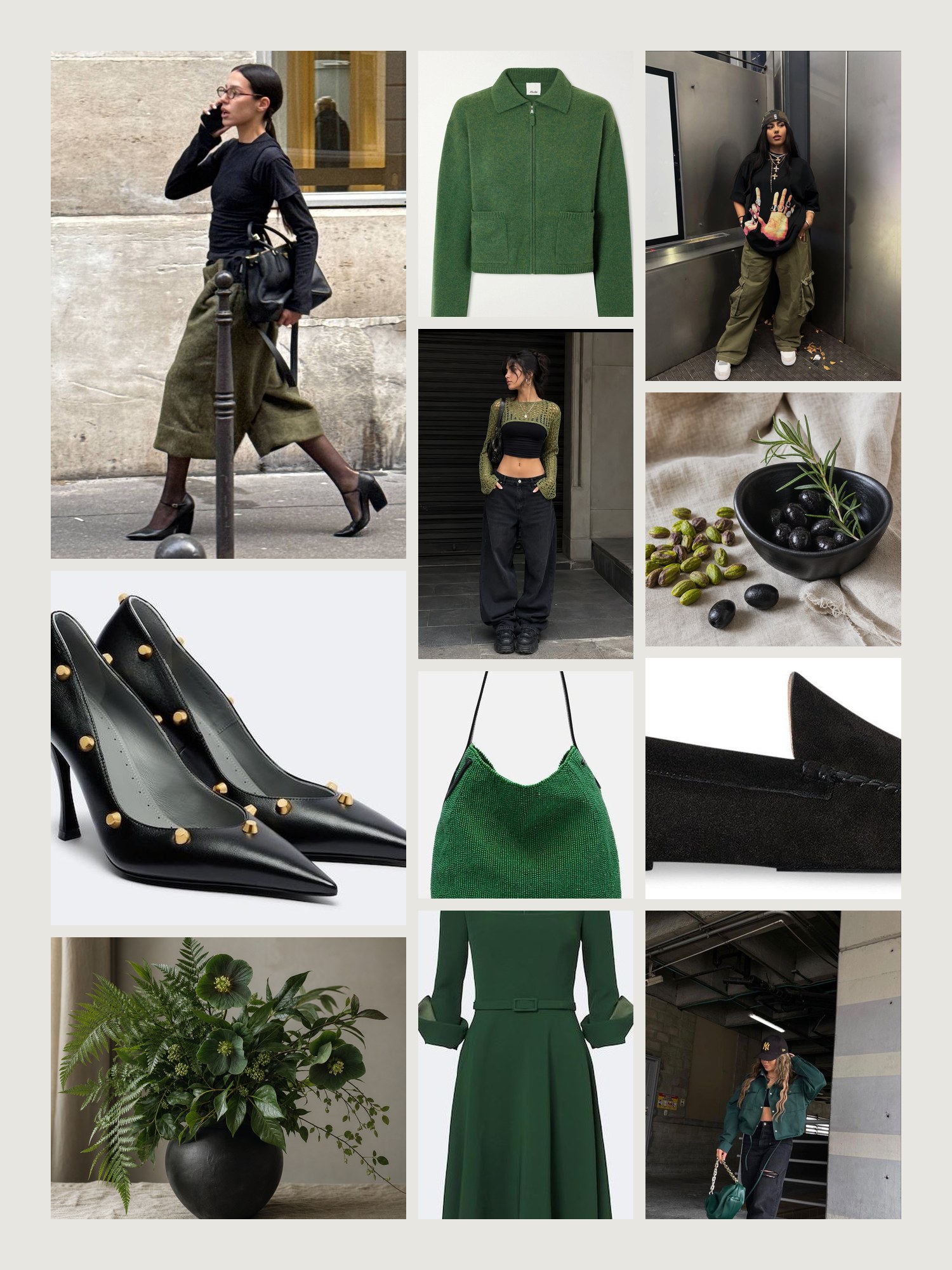 Mood board for green and black outfits: four street-style photos of women wearing green and black, close-ups of the JW Anderson shoulder bag, the Allude cardigan, the Safiyaa dress, the Balenciaga pumps and The Row loafers from this edit, and two still lifes in both colors