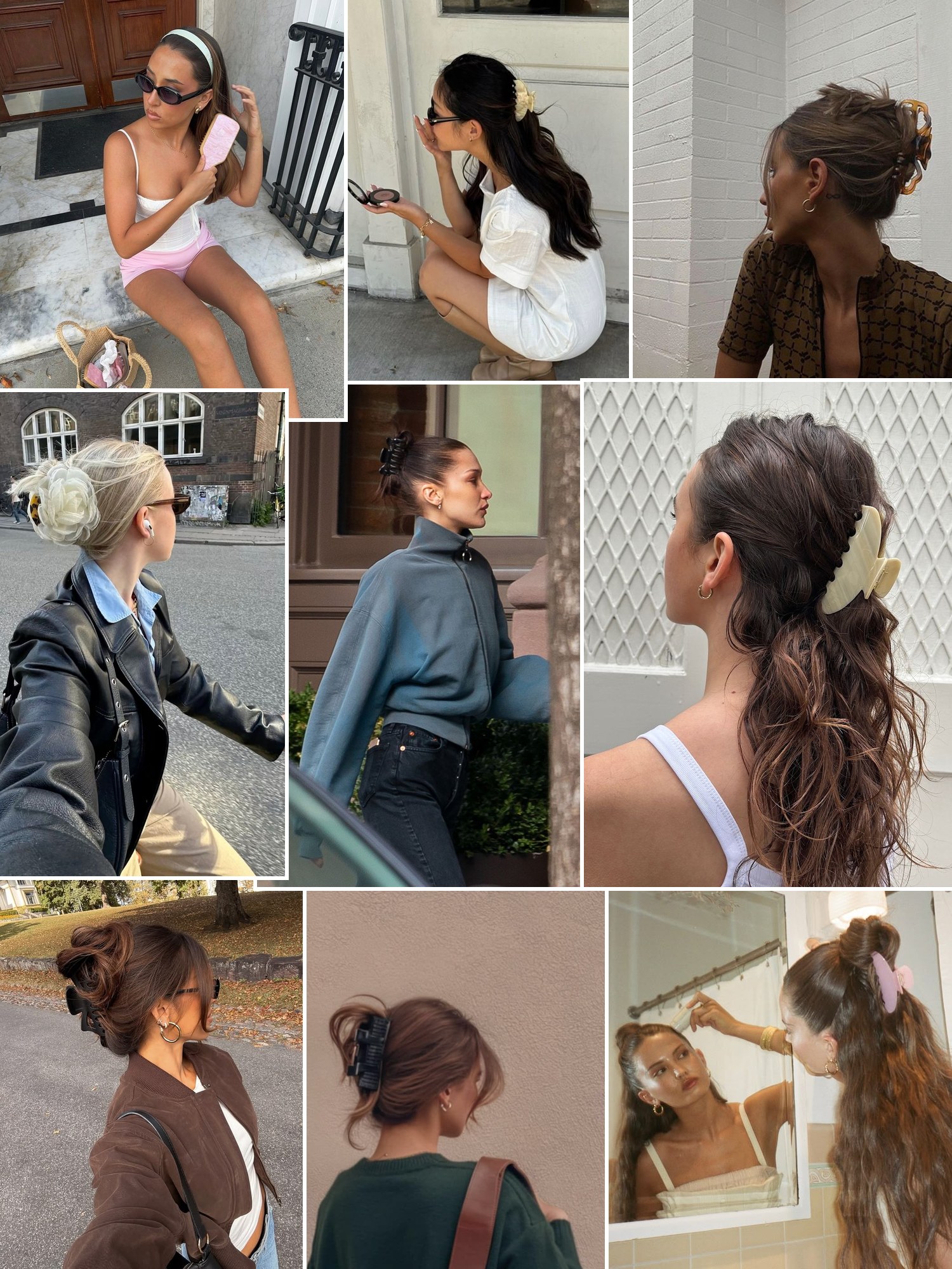 Collage of everyday outfits finished with claw clips and flower hair clips