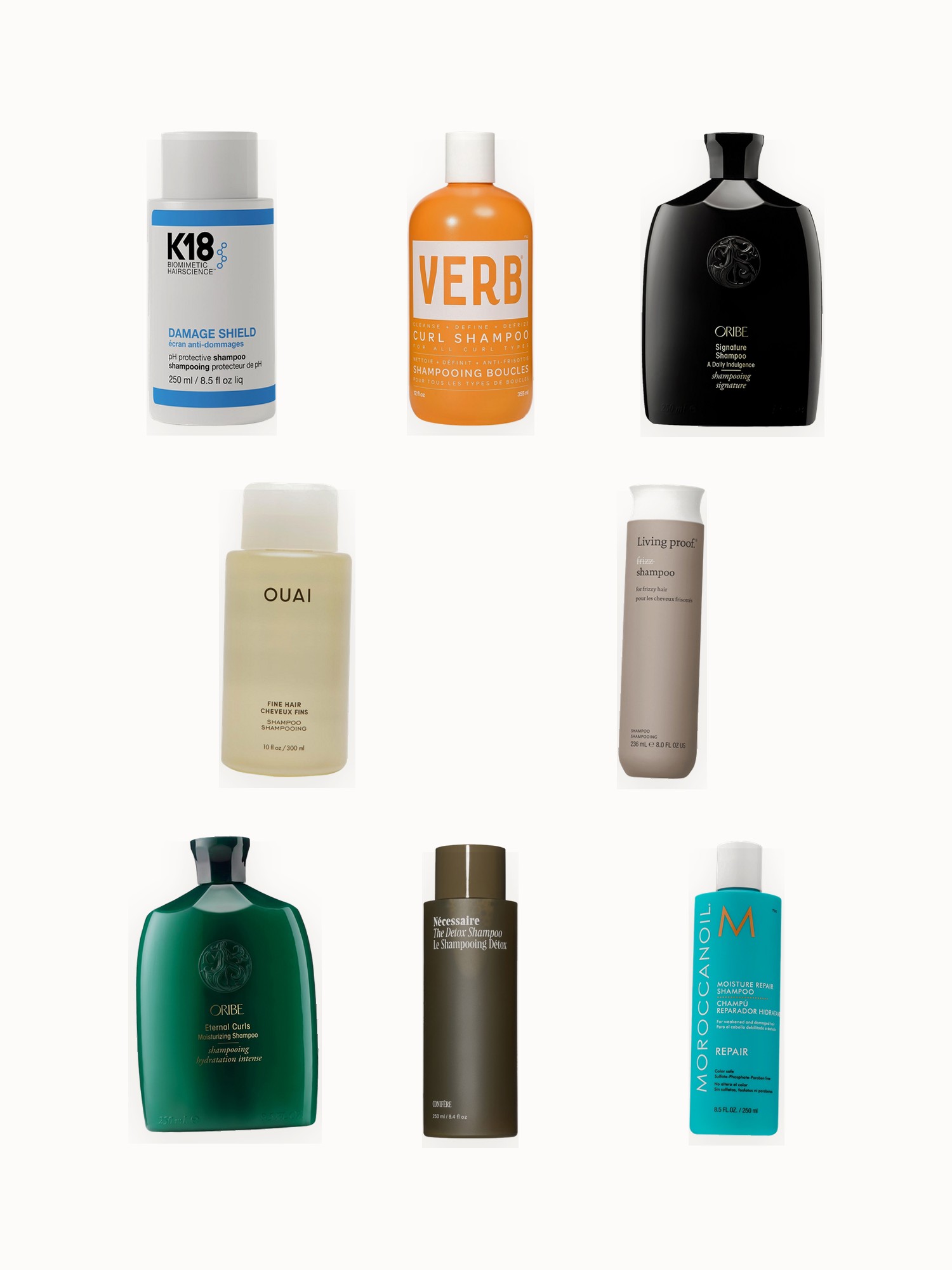 Flat lay of shampoos for damaged, curly, colored and fine hair on an off-white background