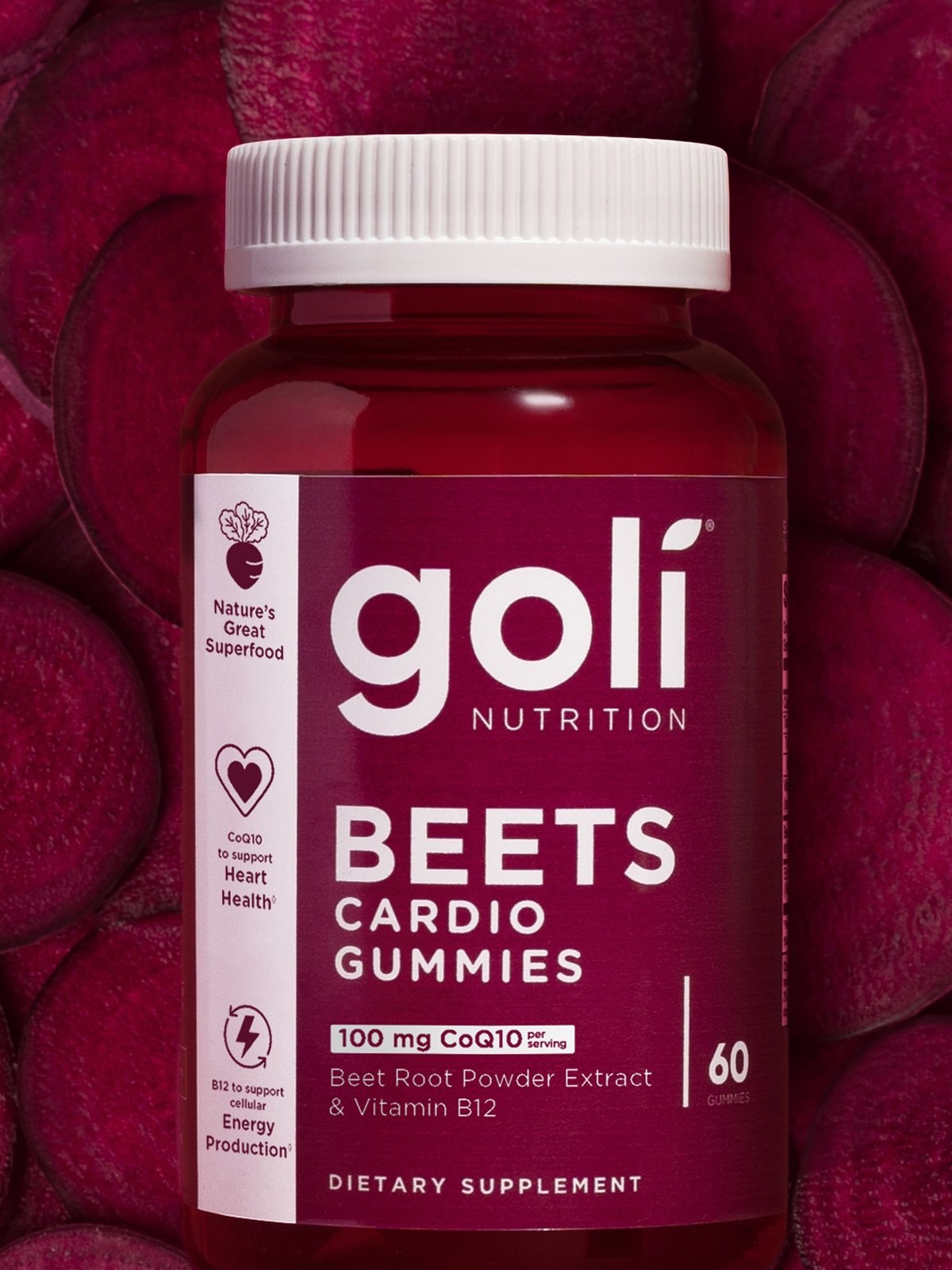 Bottle of Goli Beets Cardio Gummies with CoQ10 photographed on sliced beets