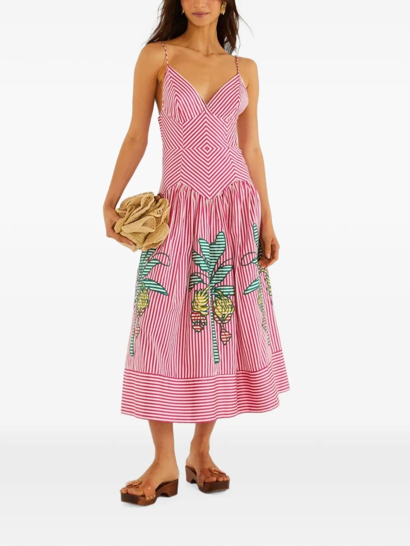 Palm tree stripes cutwork organic cotton midi dress