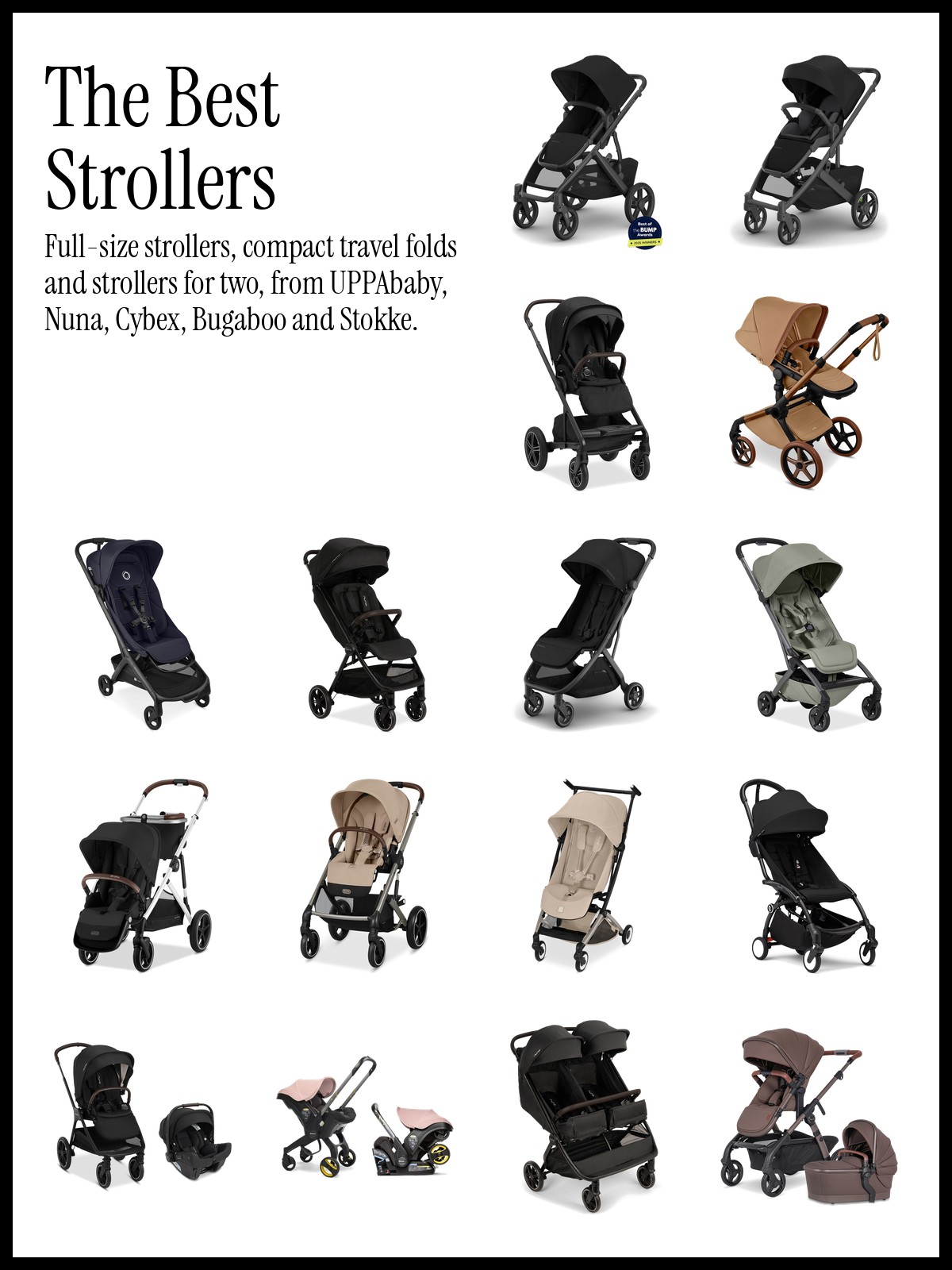 Collage of full-size, travel and double strollers from UPPAbaby, Nuna, Cybex, Bugaboo and Stokke