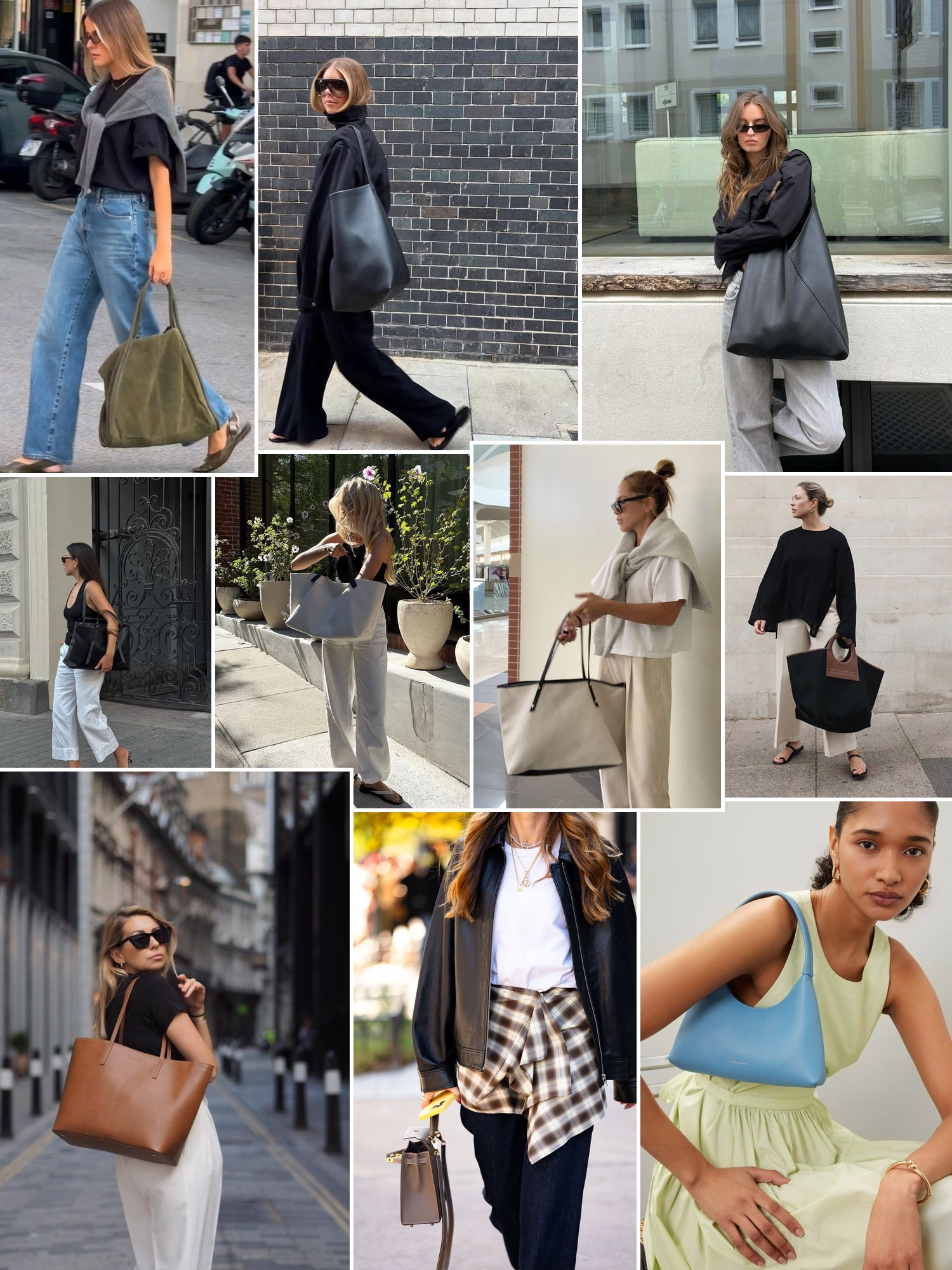 Collage of minimalist totes in street style