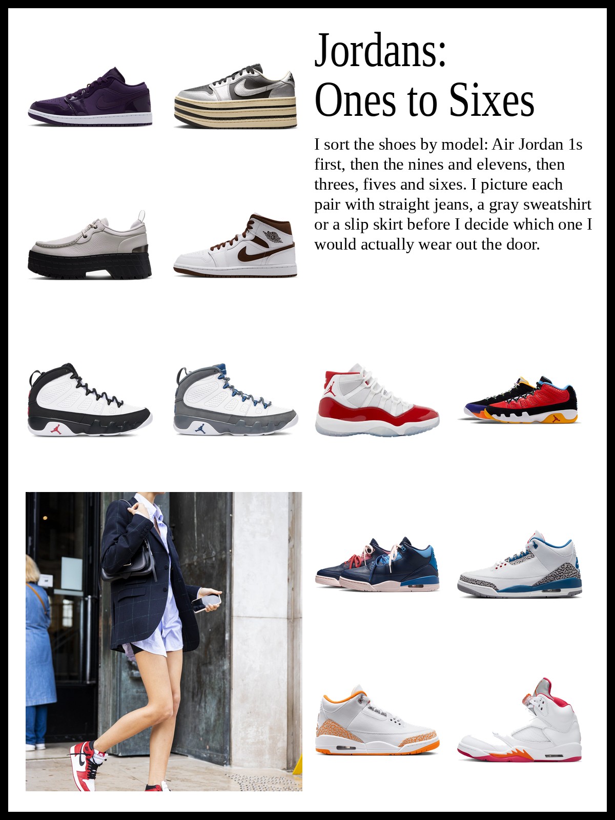 Collage of low and mid Air Jordan 1 sneakers, Air Jordan 9 and 11 sneakers, and Air Jordan 3, 5 and 6 sneakers, and a mood photo of red and white high-top sneakers in a street-style look