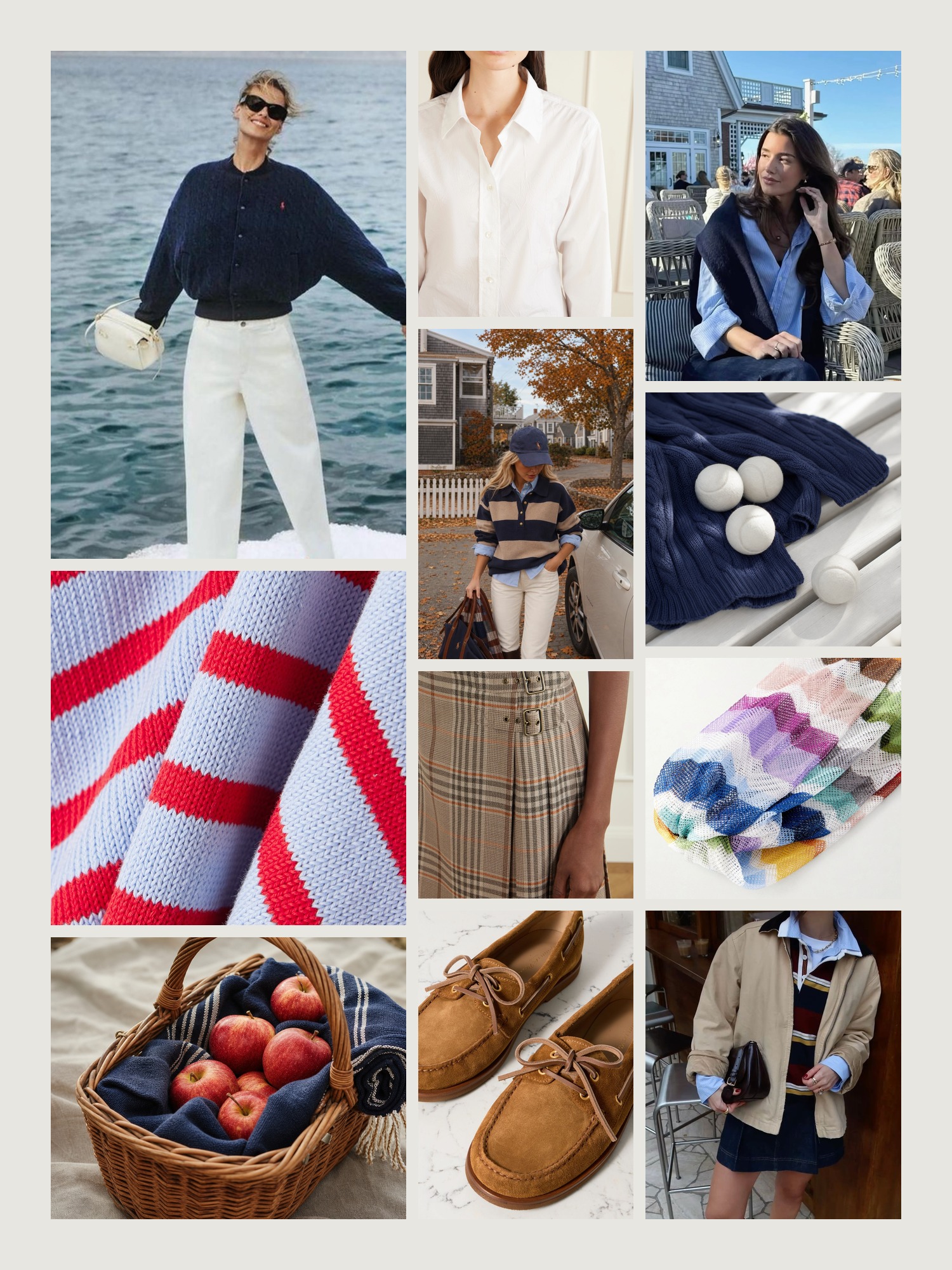 Mood board of preppy style in navy, white and red