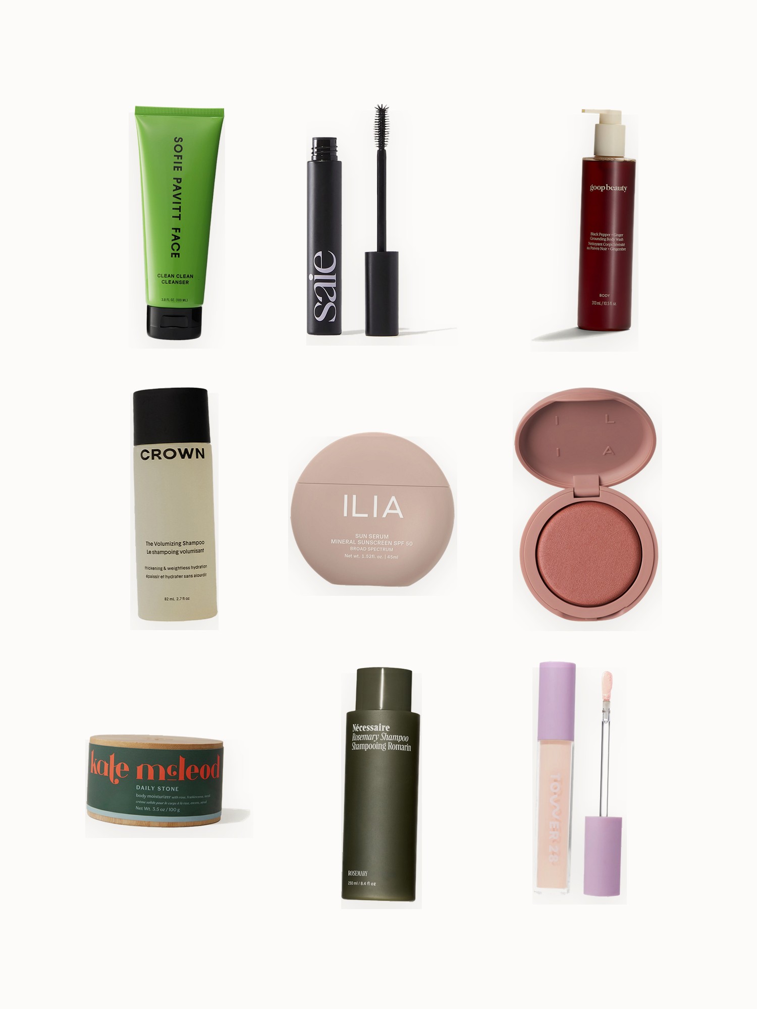 Flat lay of a gentle cleanser, mineral sunscreen, mascara, blush, concealer, body wash, bubble bath, shampoo and conditioner on an off-white background