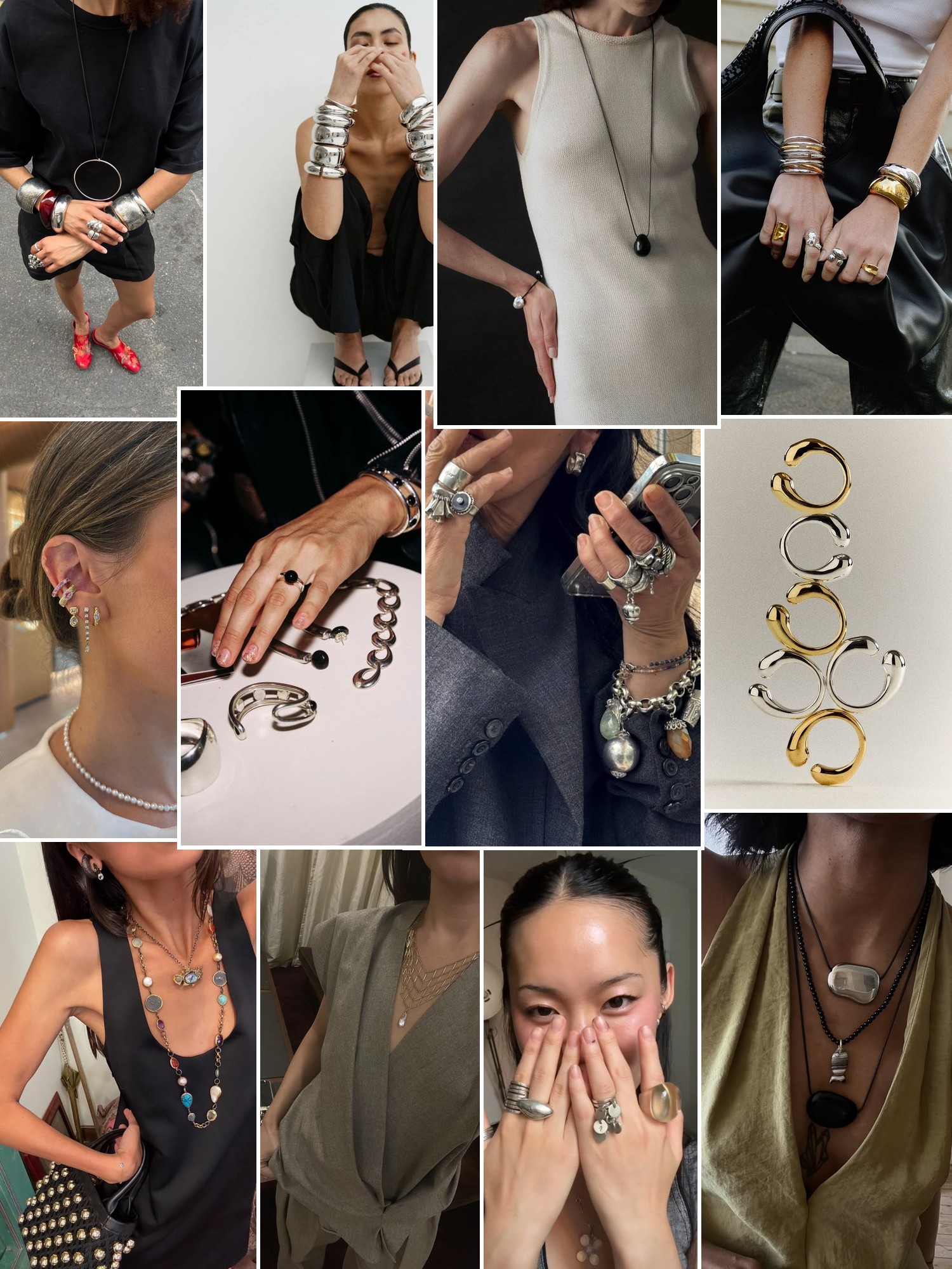 Sculptural silver and gold jewelry on hands, necklines and dark minimalist outfits.