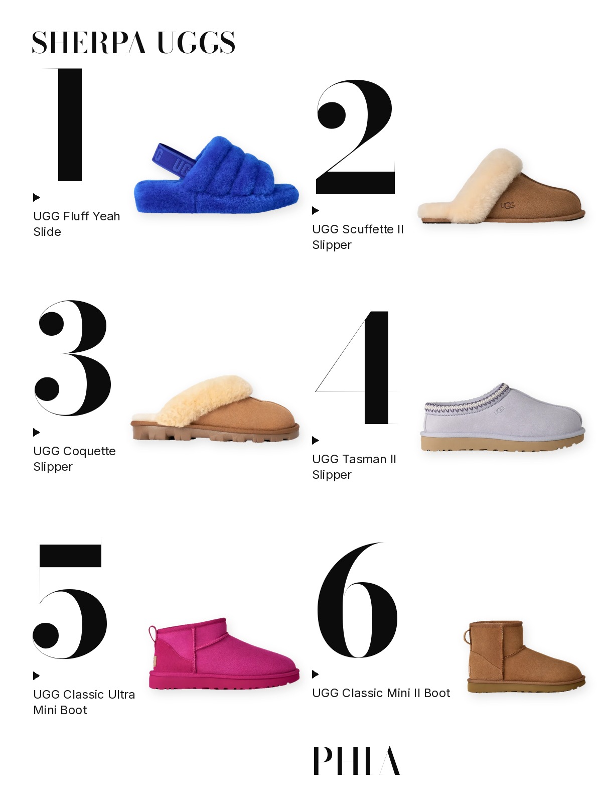 Numbered collage of six sherpa uggs from this edit: UGG Fluff Yeah Slide, UGG Scuffette II Slipper, UGG Coquette Slipper, UGG Tasman II Slipper, UGG Classic Ultra Mini Boot and UGG Classic Mini II Boot.