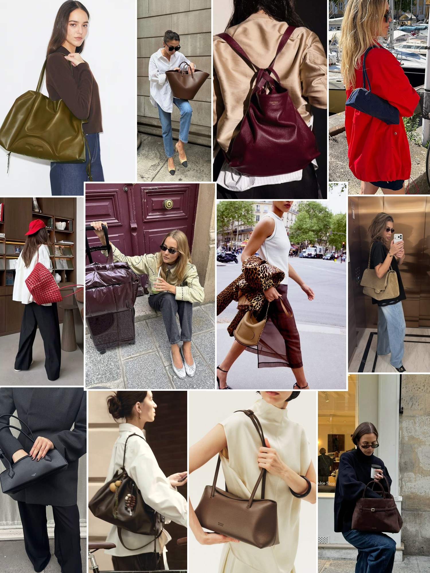 Collage of structured handbags and relaxed city outfits in leather, woven textures, and neutral tones