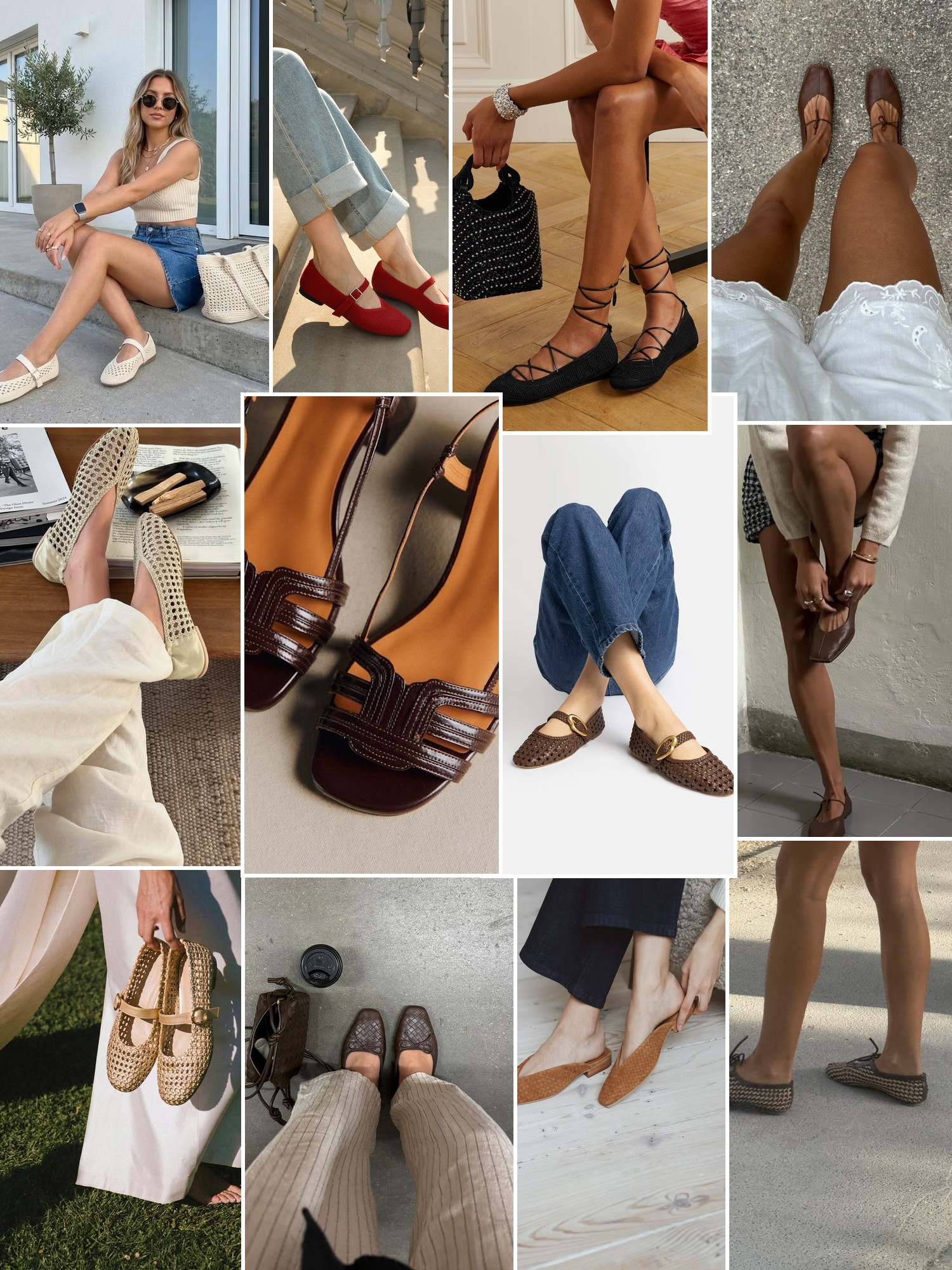 Collage of shoes styled with city, runway and evening outfits that capture the Bembien mood
