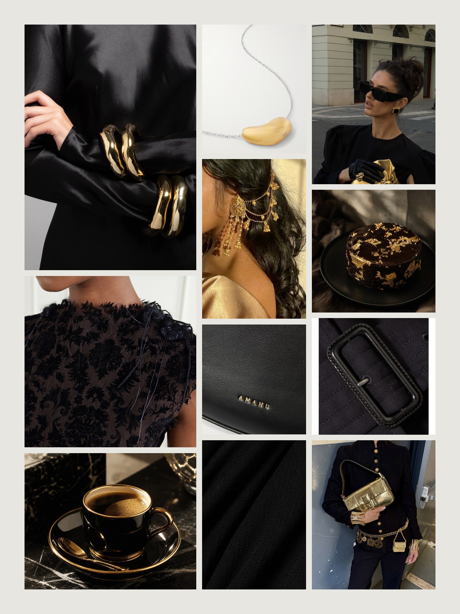 Mood board for black and gold outfits: four street-style photos of women wearing black and gold, close-ups of the Amanu tote, the Agmes necklace, the Ssstein sweater, the Pauline Dujancourt midi dress and the Burberry trench coat from this edit, and two still lifes in both colors