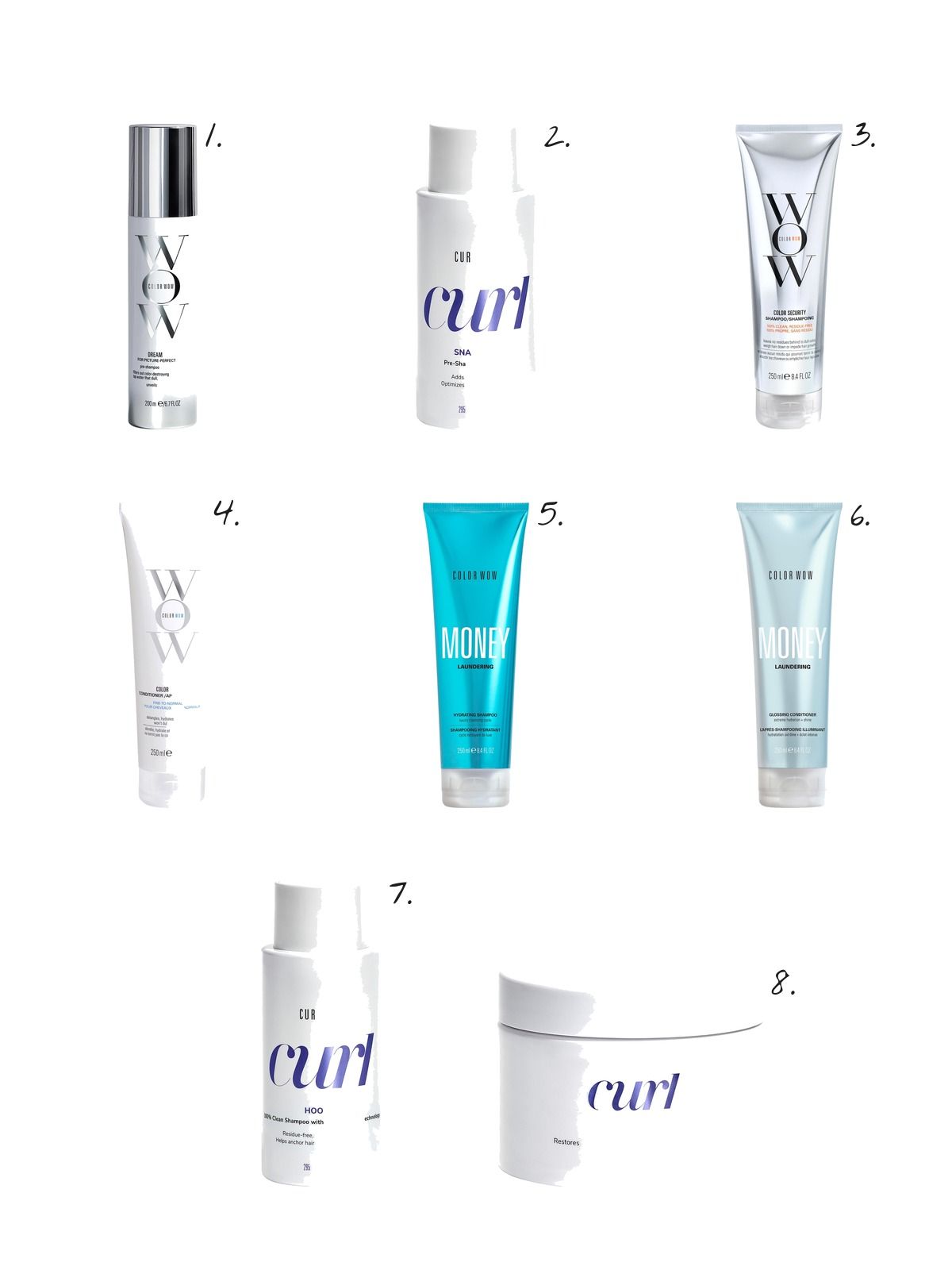 Numbered collage: 1. COLOR WOW Dream Filter Pre-shampoo Mineral Remover; 2. COLOR WOW Curl Wow SNAG-FREE Pre-Shampoo Detangler; 3. COLOR WOW Color Security Shampoo; 4. COLOR WOW Color Security Conditioner for Fine Hair; 5. COLOR WOW Money Laundering Shampoo for Extreme Hydration and Shine; 6. COLOR WOW Money Laundering Glossing Conditioner for Extreme Hydration and Shine; 7. COLOR WOW Curl Wow HOOKED Shampoo; 8. COLOR WOW Curl Wow COCO-MOTION Lubricating Conditioner