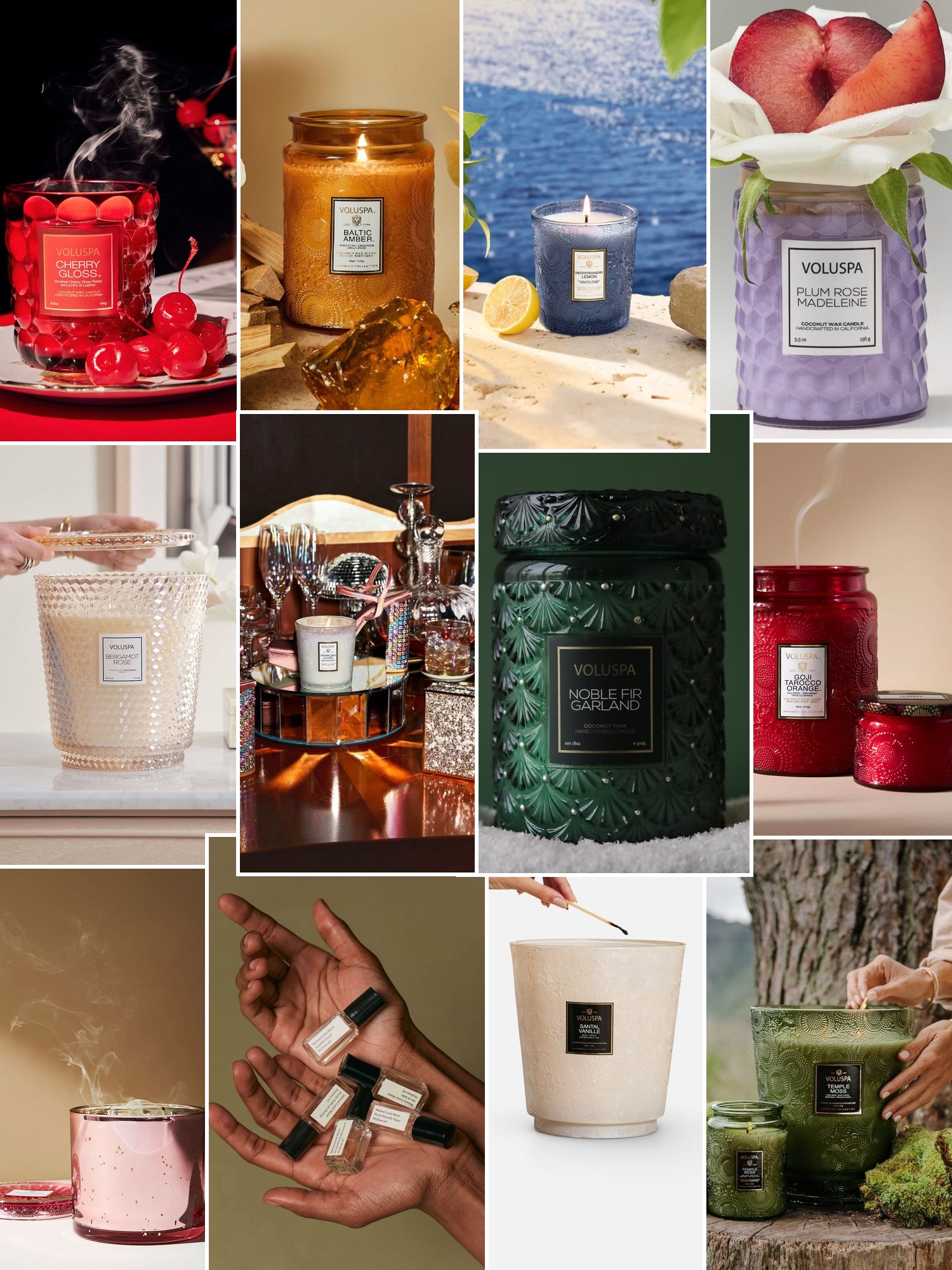 Collage of campaign images, textures and rituals that capture the Voluspa mood