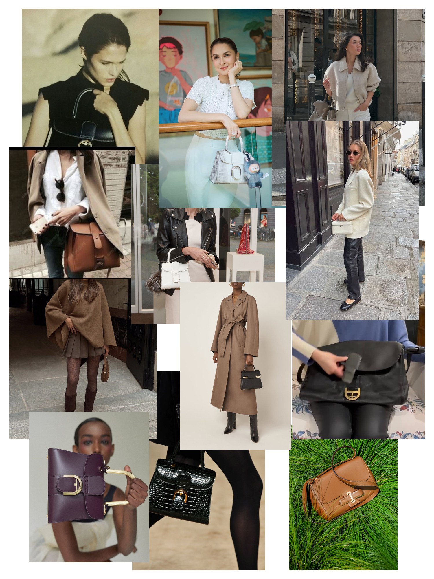Collage of twelve street-style and editorial photos featuring Delvaux Bags, scattered and overlapping