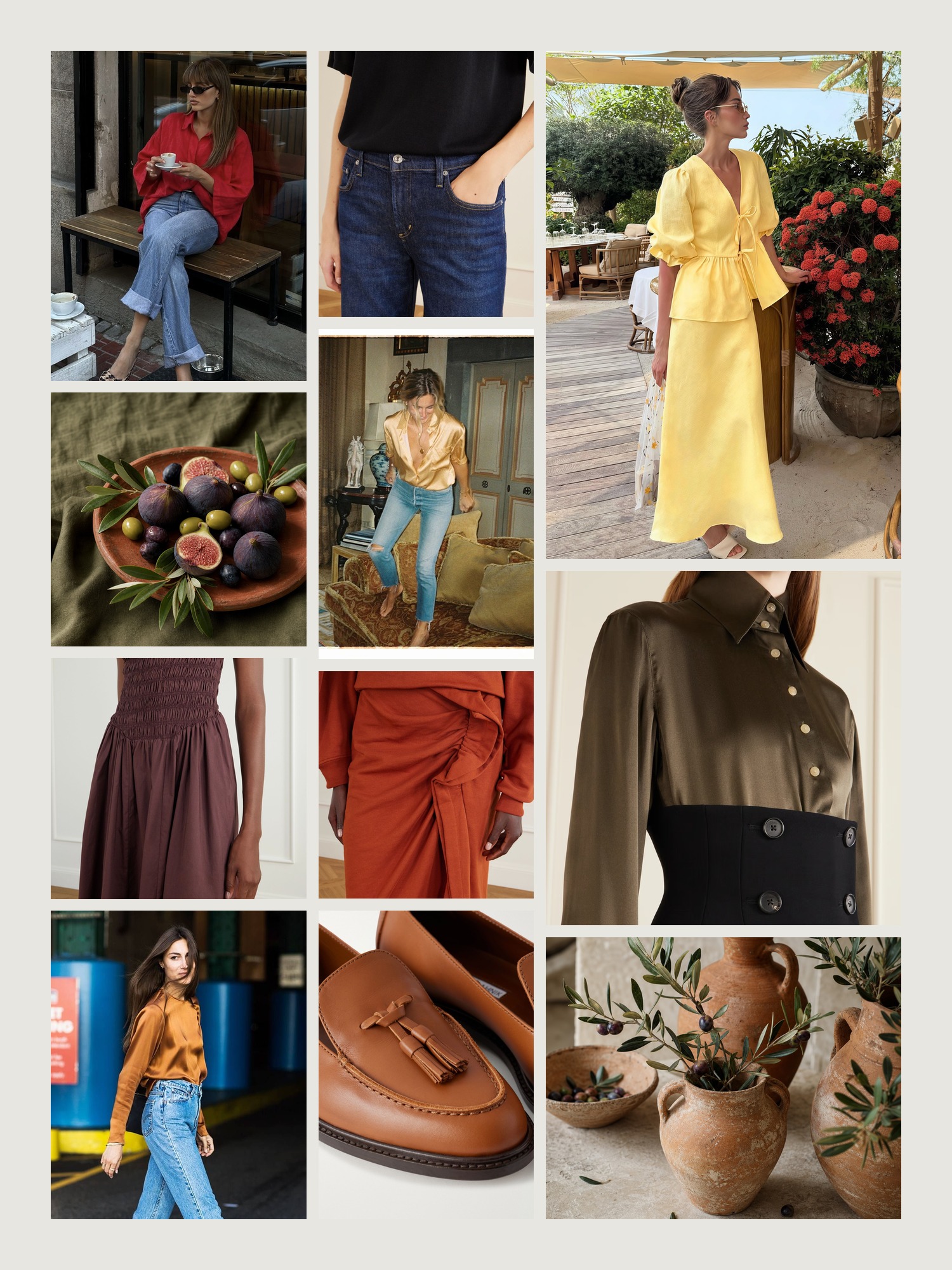 Mood board of dressy casual in terracotta and olive