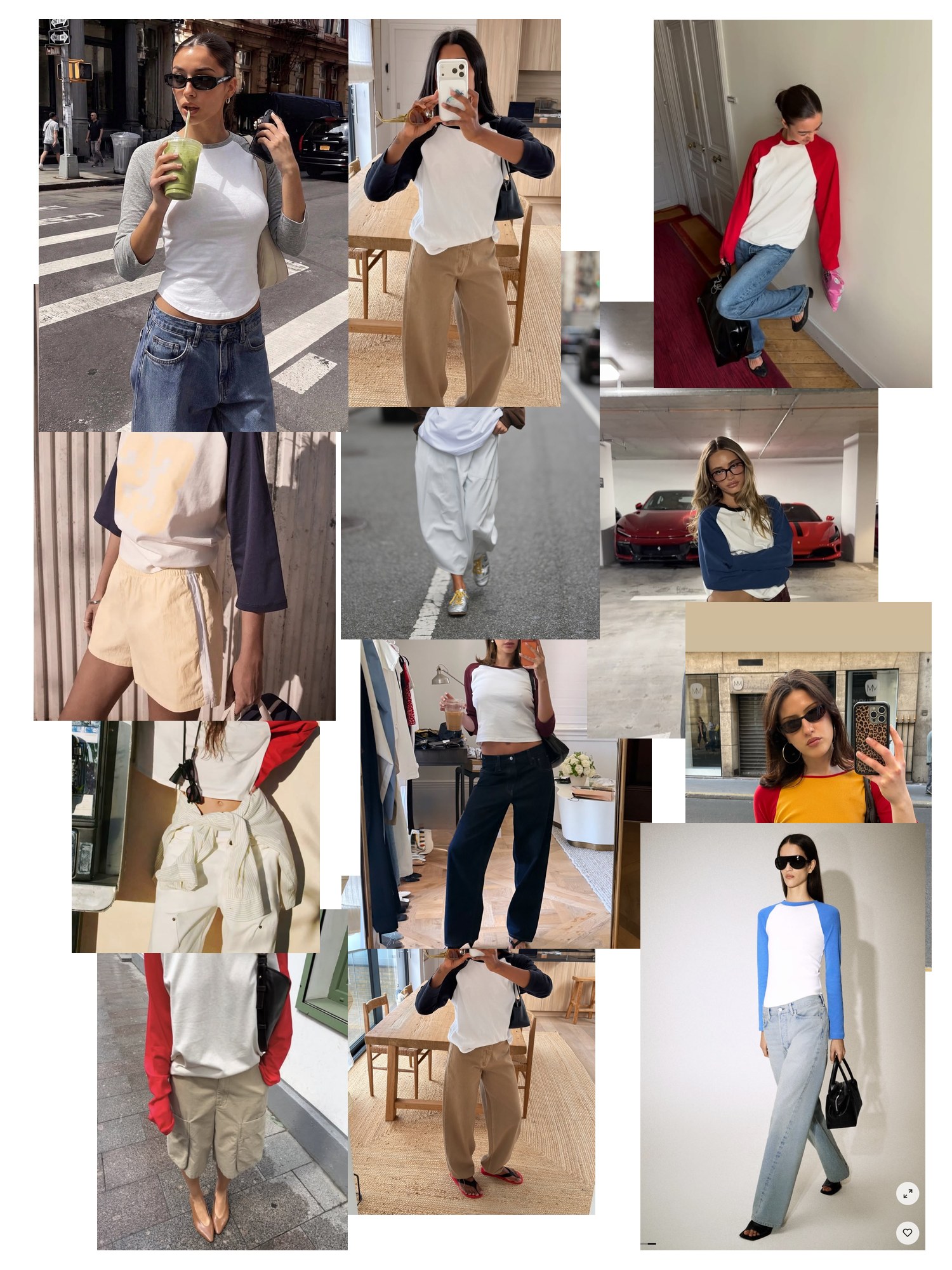 Collage of twelve street-style and editorial photos featuring Baseball Tee, scattered and overlapping