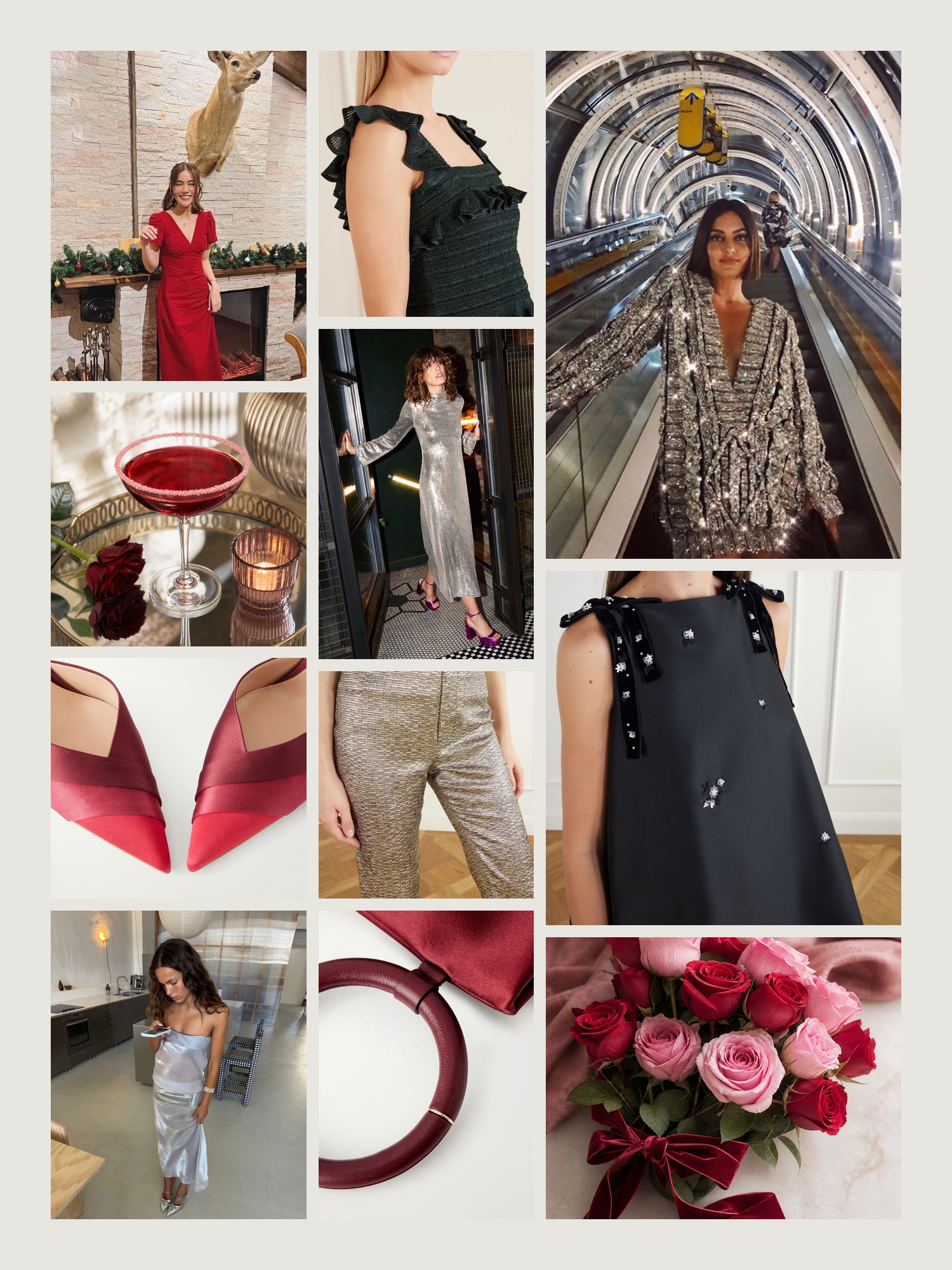 Mood board of holiday party outfit in deep red and pink