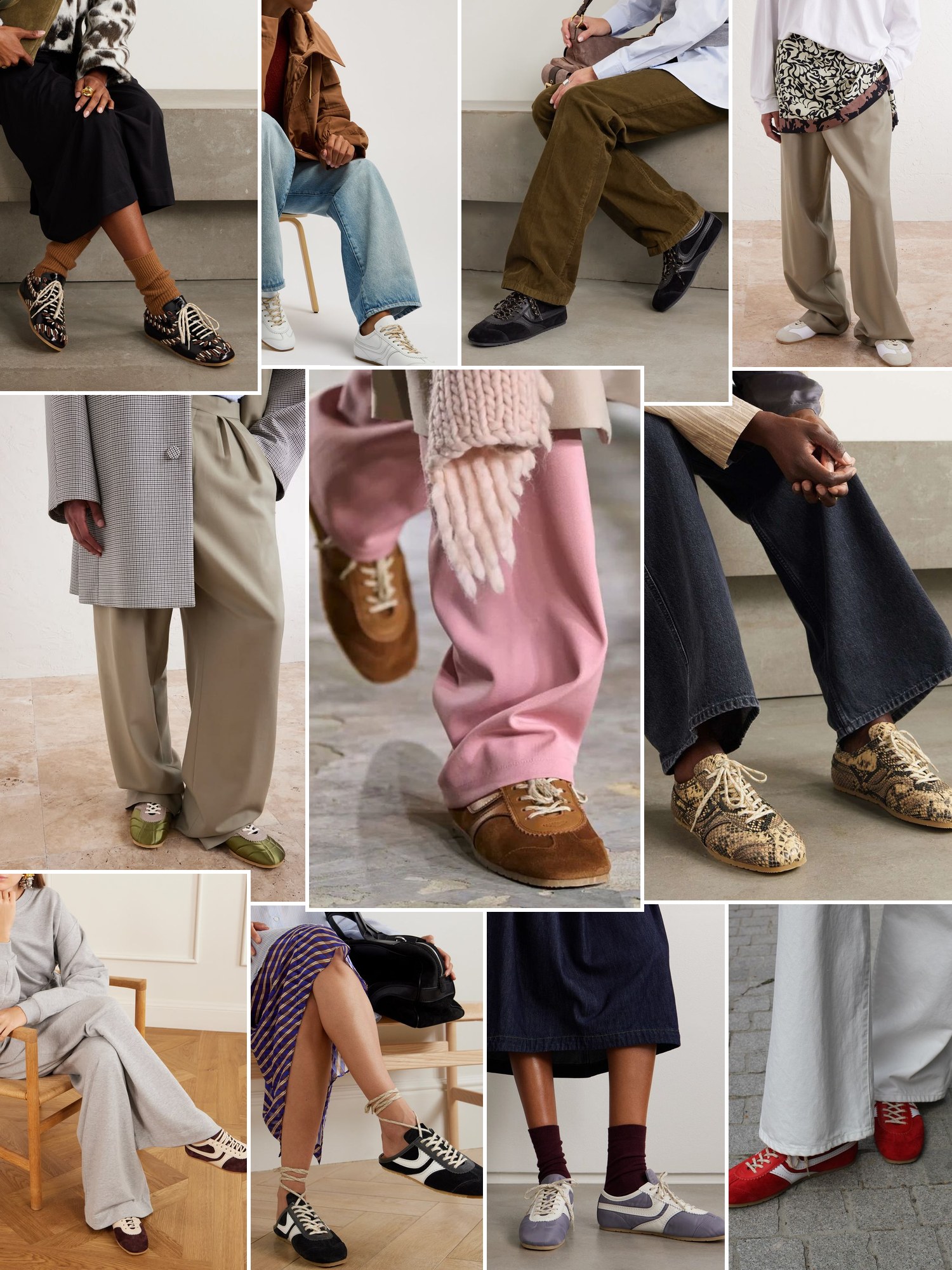 Collage of everyday looks built around slim retro sneakers