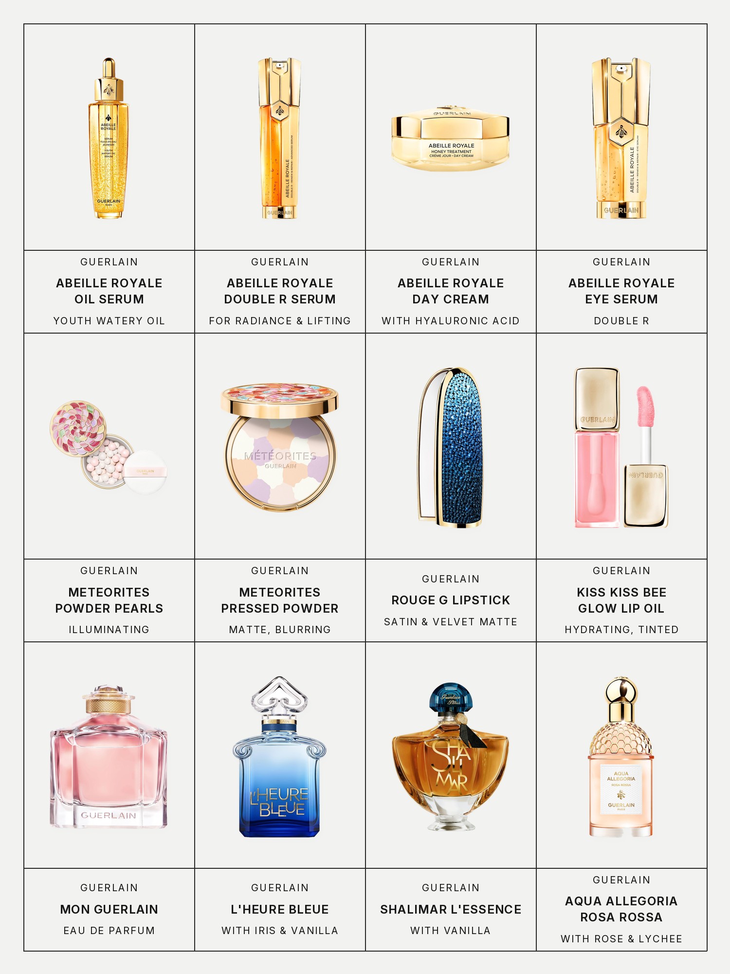 Twelve boxes on a pale grey page, one for each product in this edit, each with its brand and name printed below: Guerlain Abeille Royale Youth Watery Oil Serum, Guerlain Abeille Royale Anti-Aging Double R Advanced Serum for Radiance & Lifting, Guerlain Abeille Royale Honey Treatment Day Cream with Hyaluronic Acid, Guerlain Abeille Royale Double R Renew & Repair Eye Serum for Dark Circles, Puffiness, & Wrinkles, Guerlain Meteorites Setting & Finishing Illuminating Powder Pearls, Guerlain Meteorites Blurring & Mattifying Matte Pressed Powder, Guerlain Rouge G Customizable Satin & Velvet Matte Lipstick, Guerlain Kiss Kiss Bee Glow Hydrating Tinted Lip Oil, Guerlain Mon Guerlain Eau de Parfum, Guerlain L'Heure Bleue Eau de Parfum with Iris & Vanilla, Guerlain Shalimar L'Essence Eau de Parfum Intense with Vanilla and Guerlain Aqua Allegoria Rosa Rossa Eau de Toilette with Rose & Lychee.