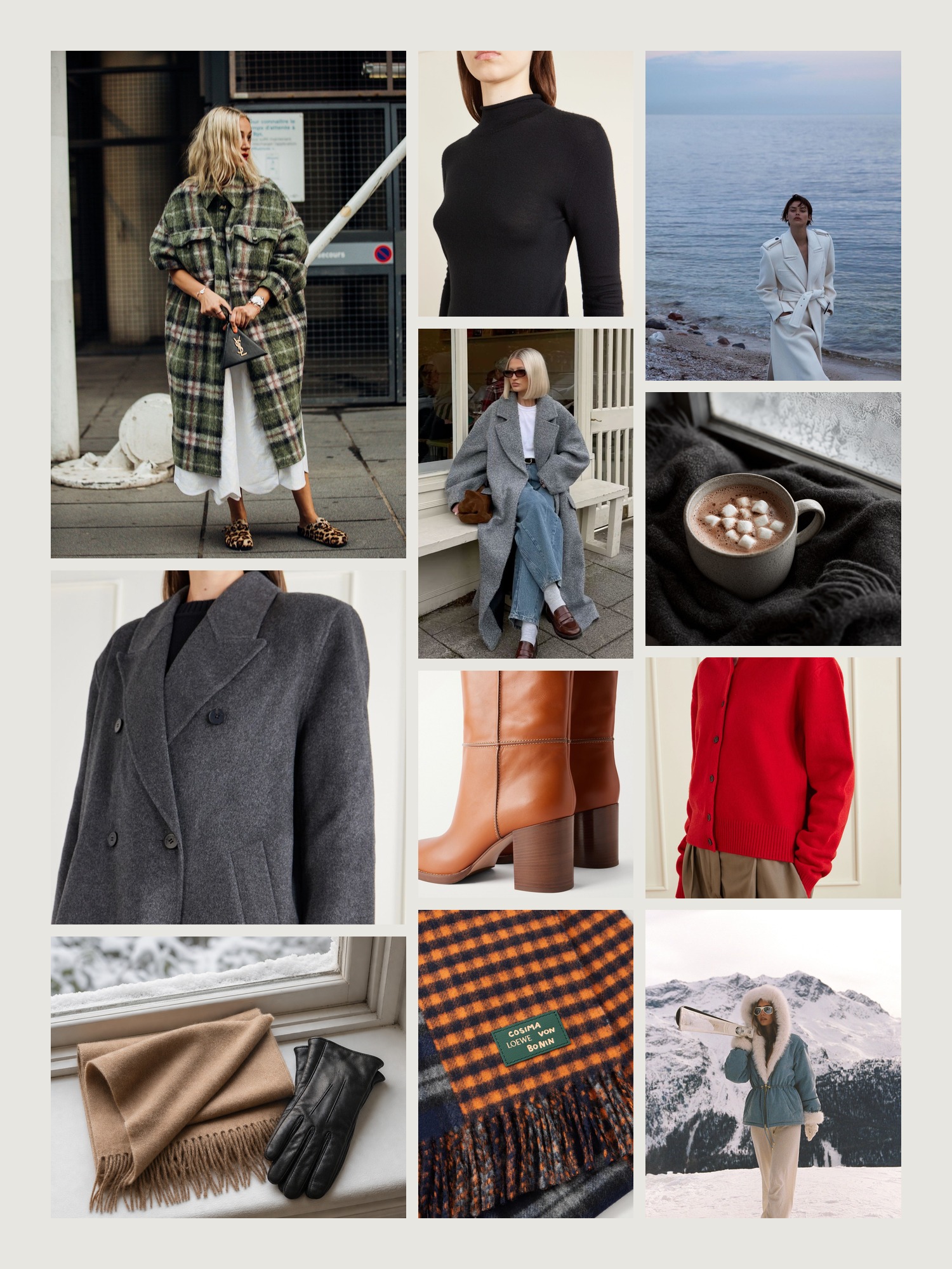 Mood board of winter outfits in camel, grey and black in the snow