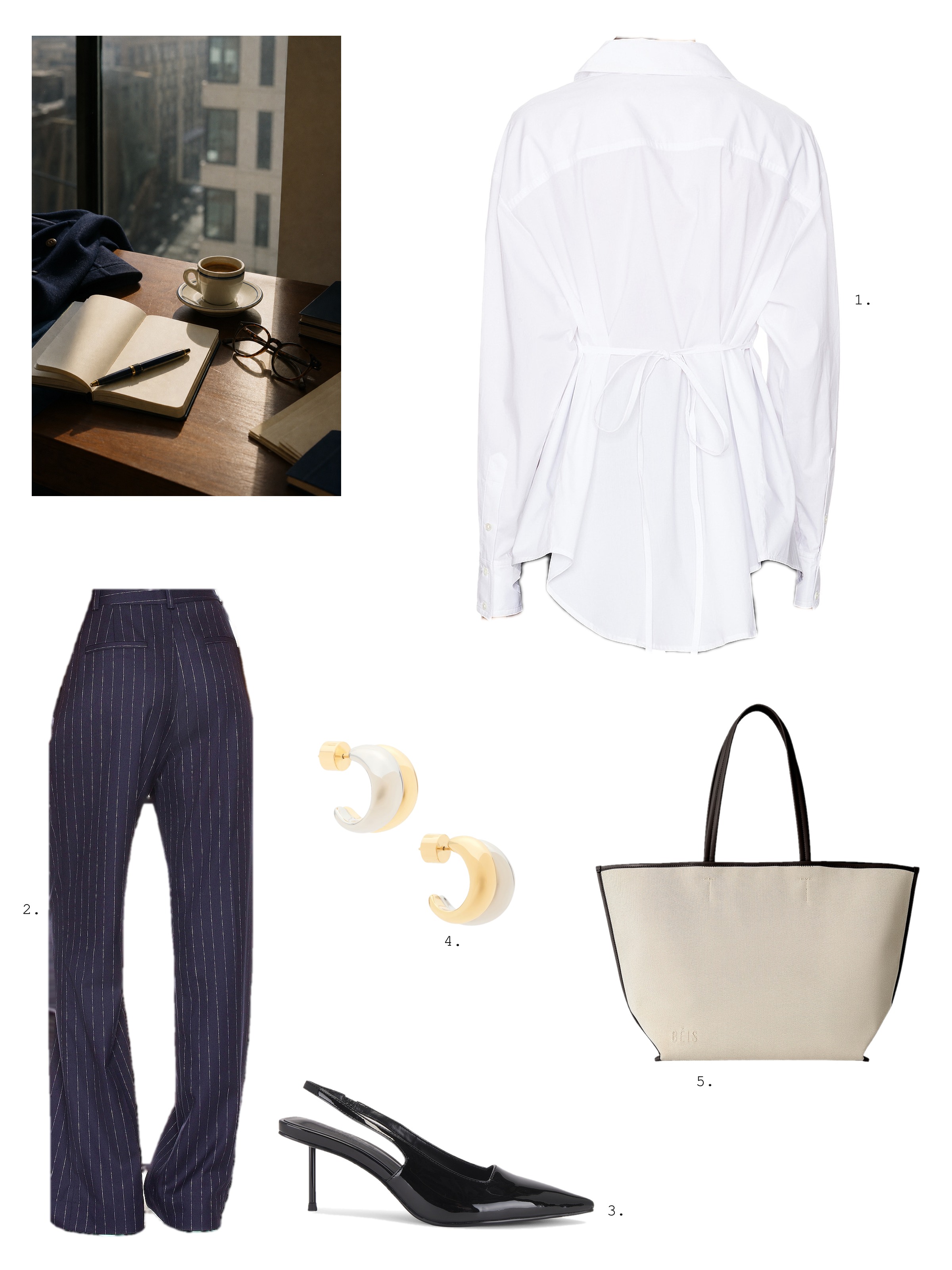 Office moodboard collage: a photo of a desk with coffee and a notebook by a window beside a white poplin shirt, navy pinstripe trousers, black patent kitten heels, two-tone huggie earrings and a cream canvas tote.