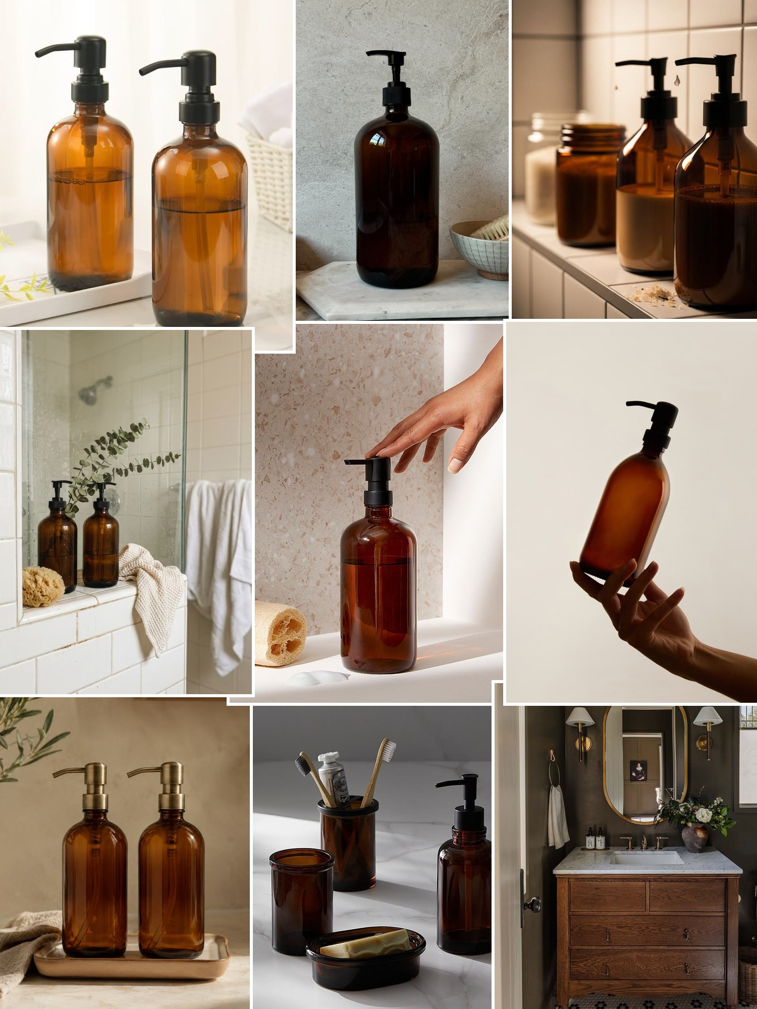 Collage of botanical hand washes in amber bottles and similar looks