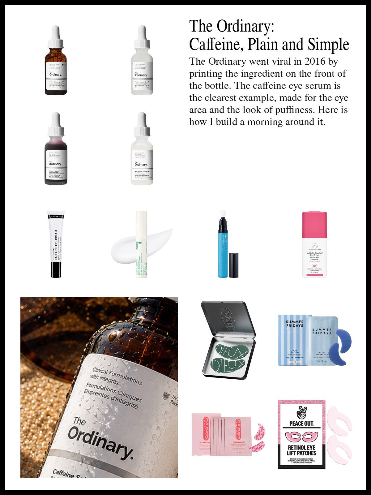 Collage of small serum bottles, eye creams, eye gels and under-eye patches in clean white packaging and a mood photo of a The Ordinary serum bottle in warm sunlight.