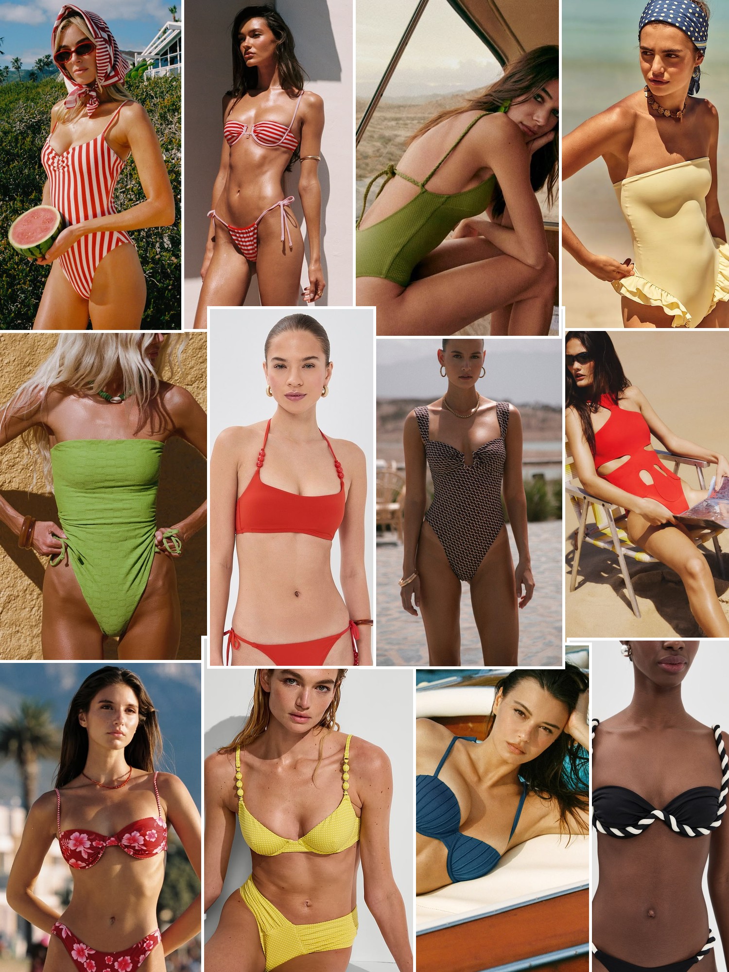 Collage of women in colorful one piece swimsuits and bikinis beside the water and on sunny beaches