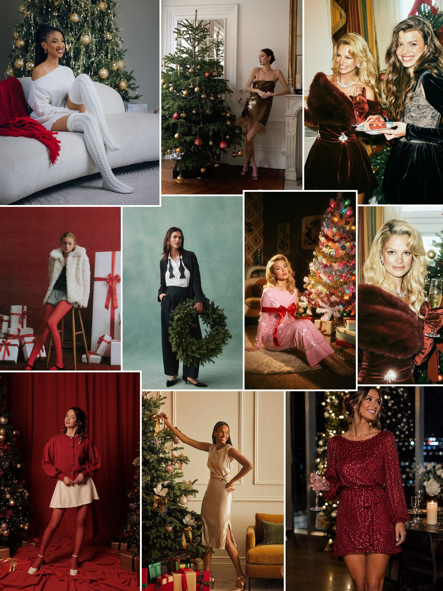 Street style collage of women wearing christmas picture outfit ideas