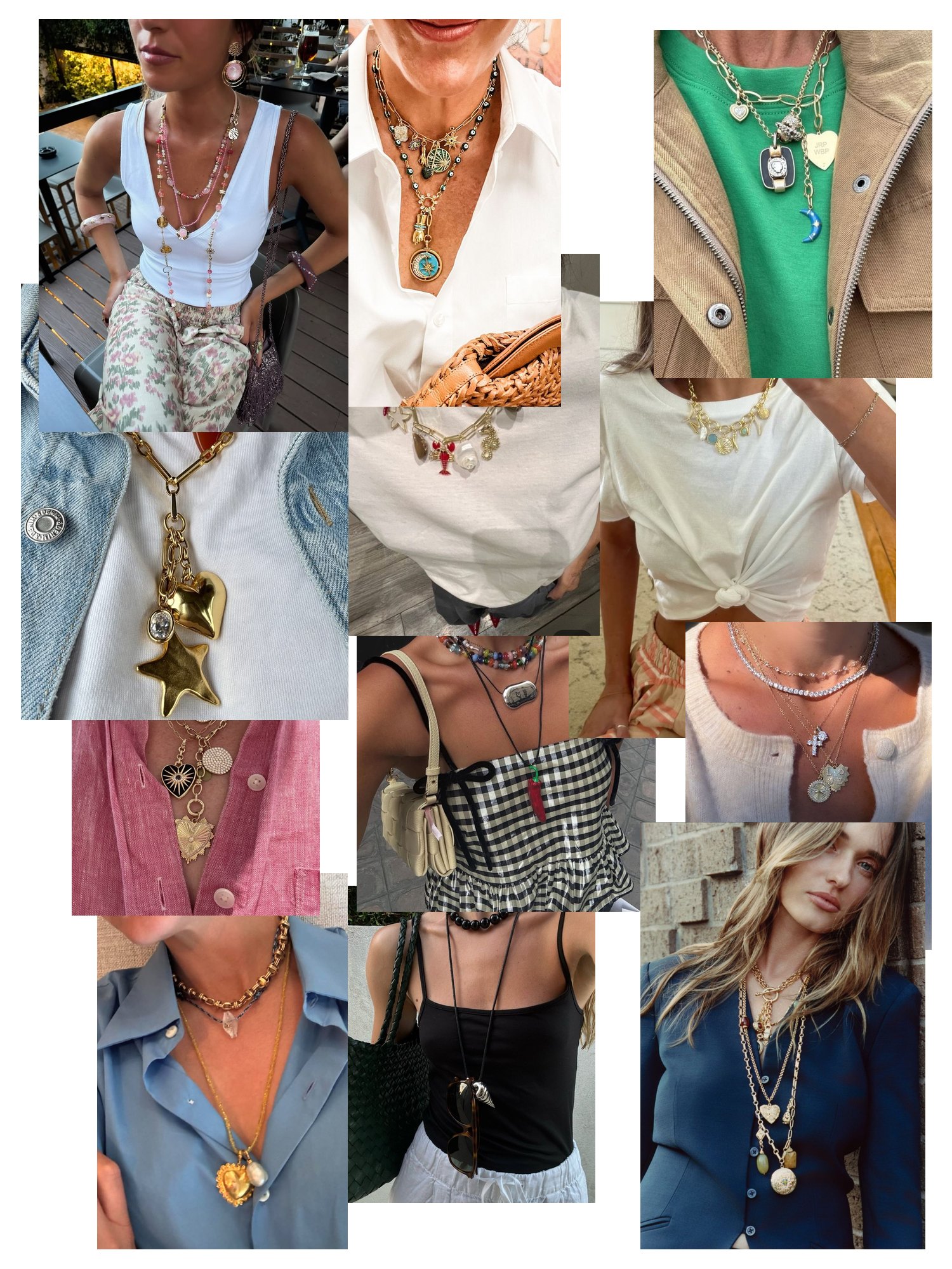 Street-style collage of 12 outfit photos featuring necklaces, scattered and overlapping
