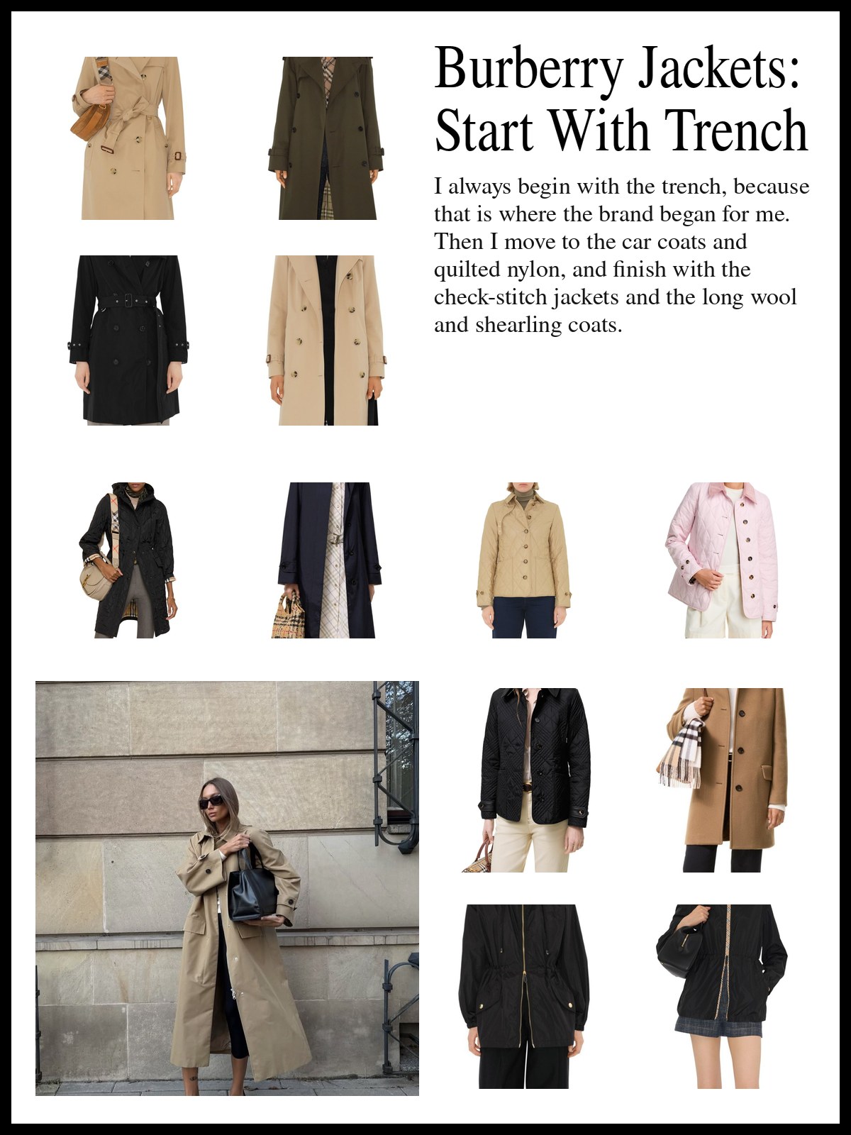 Collage of Burberry trench coats, quilted nylon jackets and car coats, and check-stitch and shearling coats, and a mood photo of a long beige trench coat worn with black heels on a city street.