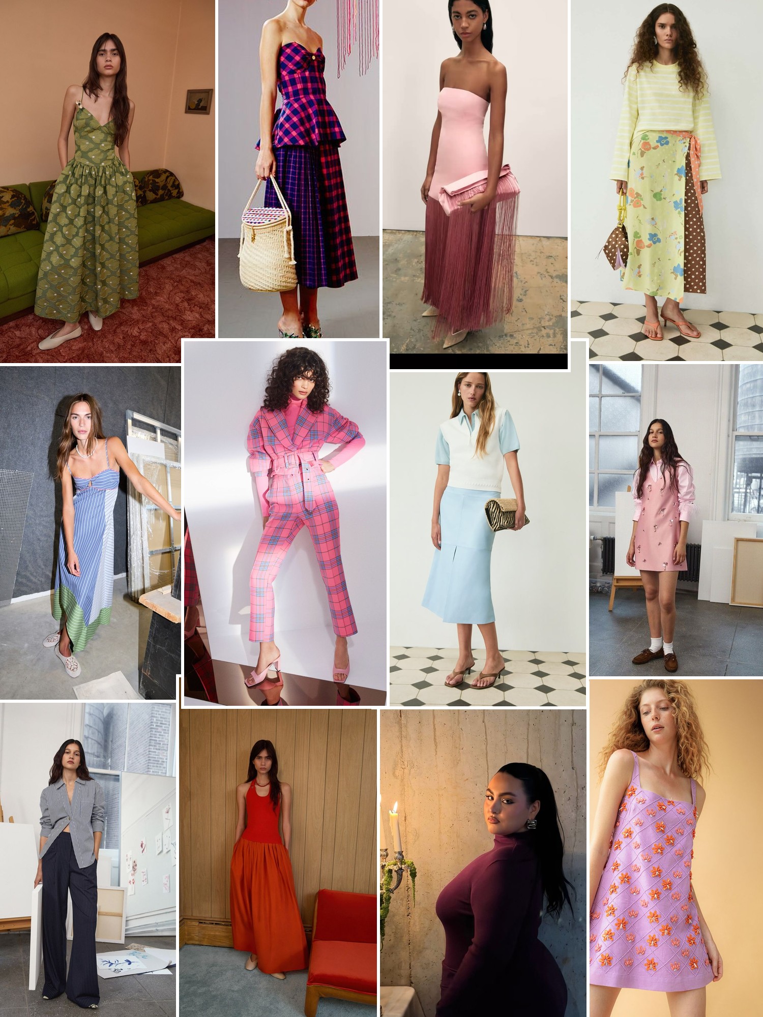 Collage of colorful printed dresses, tailored looks and polished street style in studio and city settings