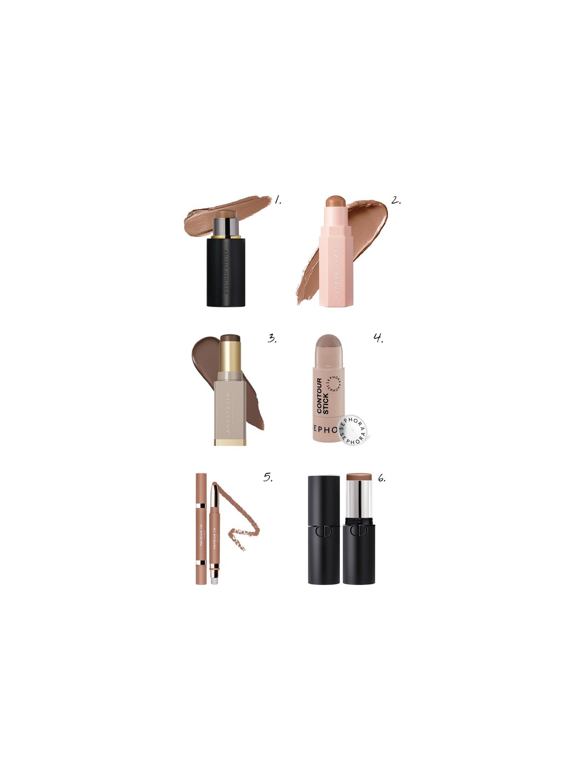 Numbered collage: 1. Westman Atelier Face Trace Cream Contour Stick in Biscuit; 2. Fenty Beauty by Rihanna Match Stix Matte Contour Skinstick in Suedish; 3. Anastasia Beverly Hills Smooth Blur Cream Contour Stick in Basetone; 4. SEPHORA COLLECTION Cream Contour Stick in 01 Fair to Light; 5. PATRICK TA Major Sculpt Shape & Shade Anywhere Artistry Stick in Shape; 6. Dior Forever Skin Cream Contour Sculpting Face Stick in 03 Medium