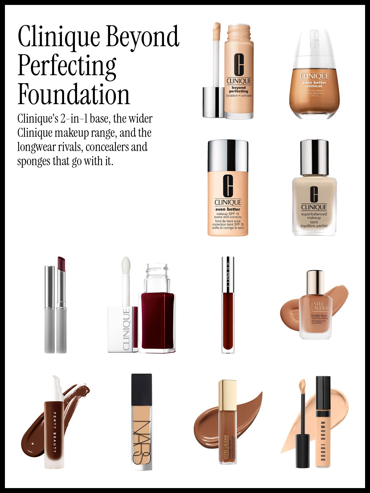 Collage of Clinique Beyond Perfecting Foundation + Concealer, Clinique Almost Lipstick and Estée Lauder Double Wear Lightweight Matte Foundation