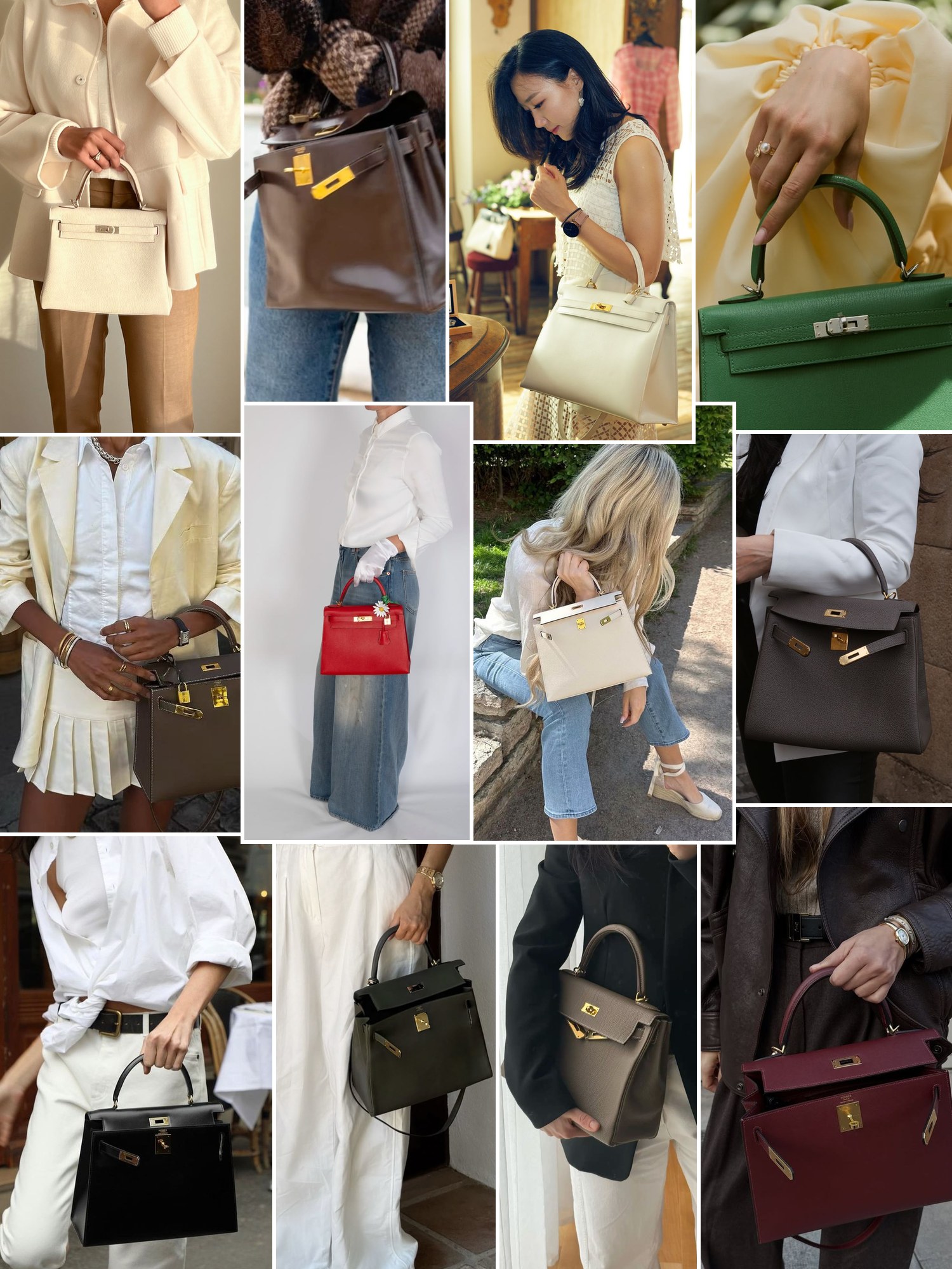 Collage of everyday outfits built around Hermès Kelly bag
