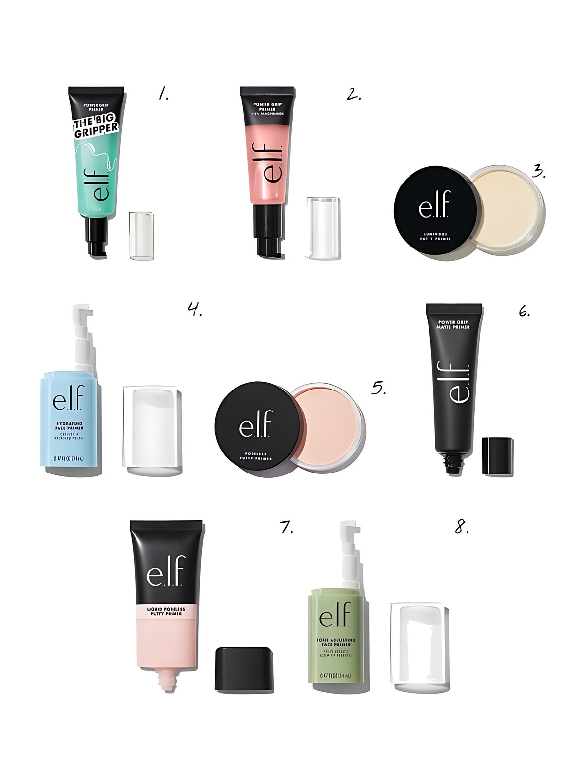 Numbered collage: 1. e.l.f. Cosmetics Power Grip Primer; 2. e.l.f. Cosmetics Power Grip Primer + 4% Niacinamide; 3. e.l.f. Cosmetics Luminous Putty Primer; 4. e.l.f. Cosmetics Hydrating Face Primer; 5. e.l.f. Cosmetics Poreless Putty Primer; 6. e.l.f. Cosmetics Power Grip Matte Primer; 7. e.l.f. Cosmetics Liquid Poreless Putty Primer; 8. e.l.f. Cosmetics Tone Adjusting Face Primer