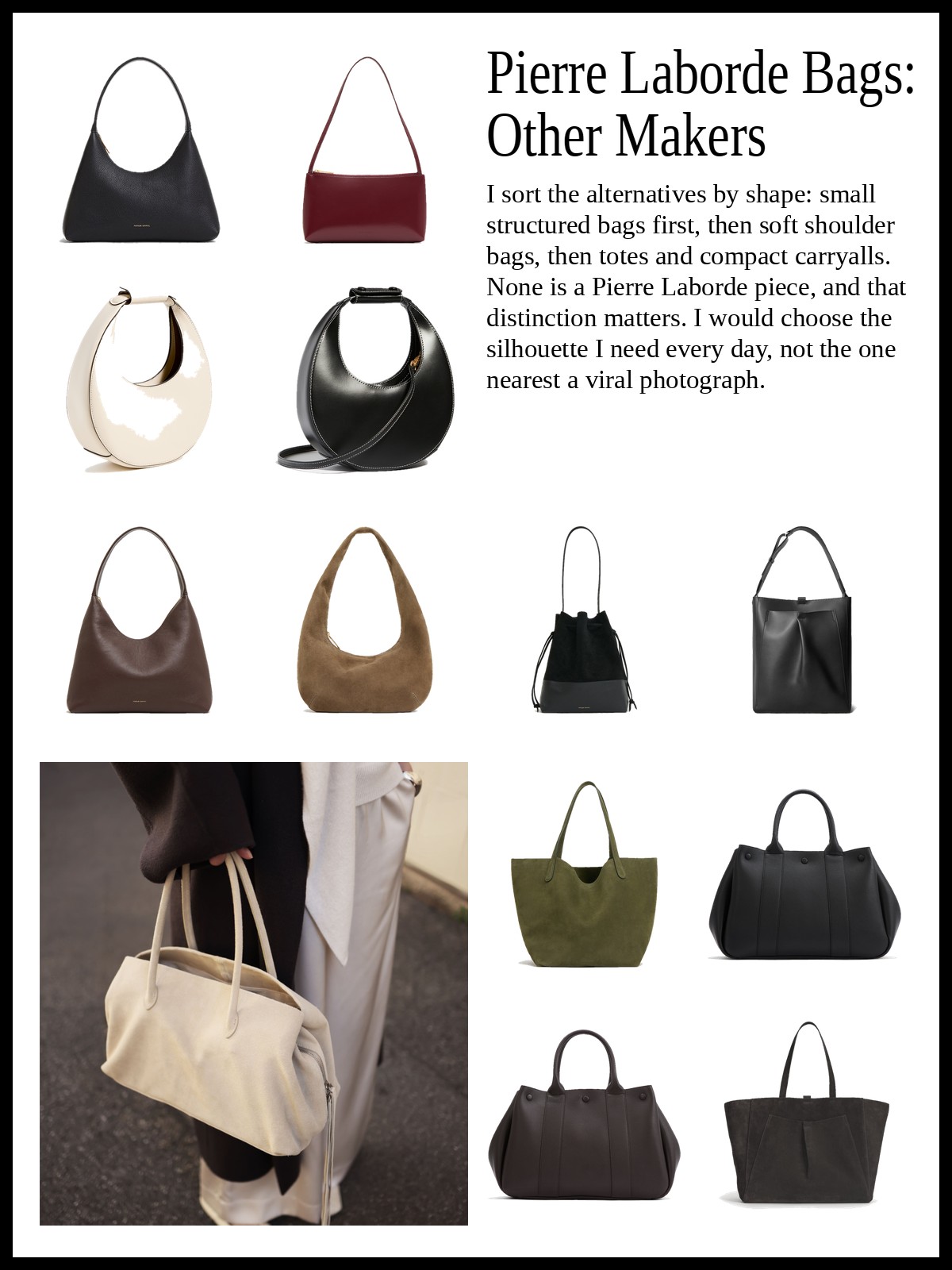 Collage of small structured bags, soft hobo and slouchy shoulder bags, and totes and bucket bags
