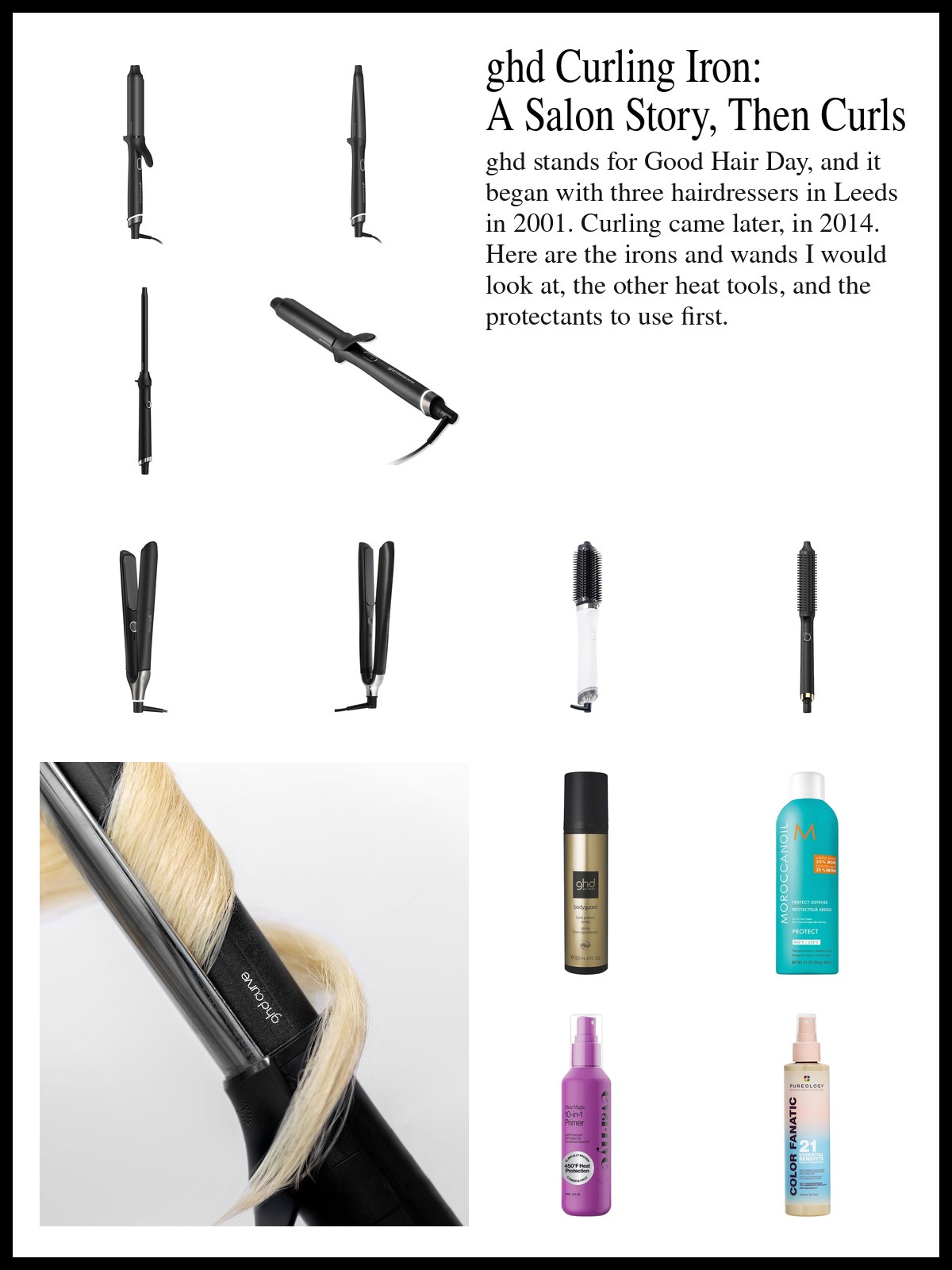 Collage of curling irons, wands, a waver, hot brushes and heat protectant sprays, and a mood photo of a ghd curling iron wrapped in a blonde curl.