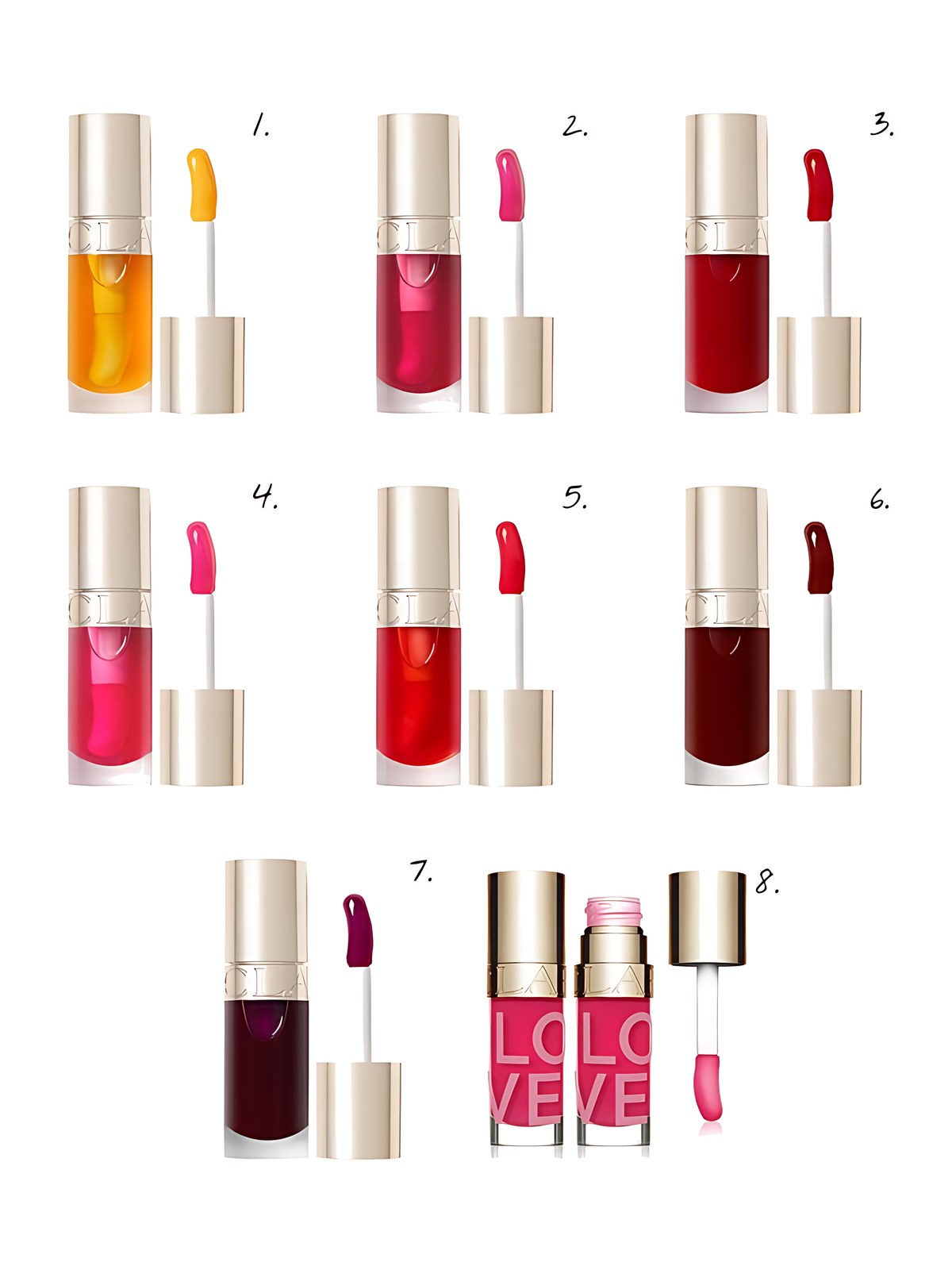 Numbered collage: 1. Clarins Lip Comfort Hydrating Oil in 01 Honey; 2. Clarins Lip Comfort Hydrating Oil in 02 Raspberry; 3. Clarins Lip Comfort Hydrating Oil in 03 Cherry; 4. Clarins Lip Comfort Hydrating Oil in 04 Pitaya; 5. Clarins Lip Comfort Hydrating Oil in 08 Strawberry; 6. Clarins Lip Comfort Hydrating Oil in 09 Chocolate; 7. Clarins Lip Comfort Hydrating Oil in 10 Plum; 8. Clarins Limited Edition Love Collection Lip Comfort Oil - 31 Rosy Kiss