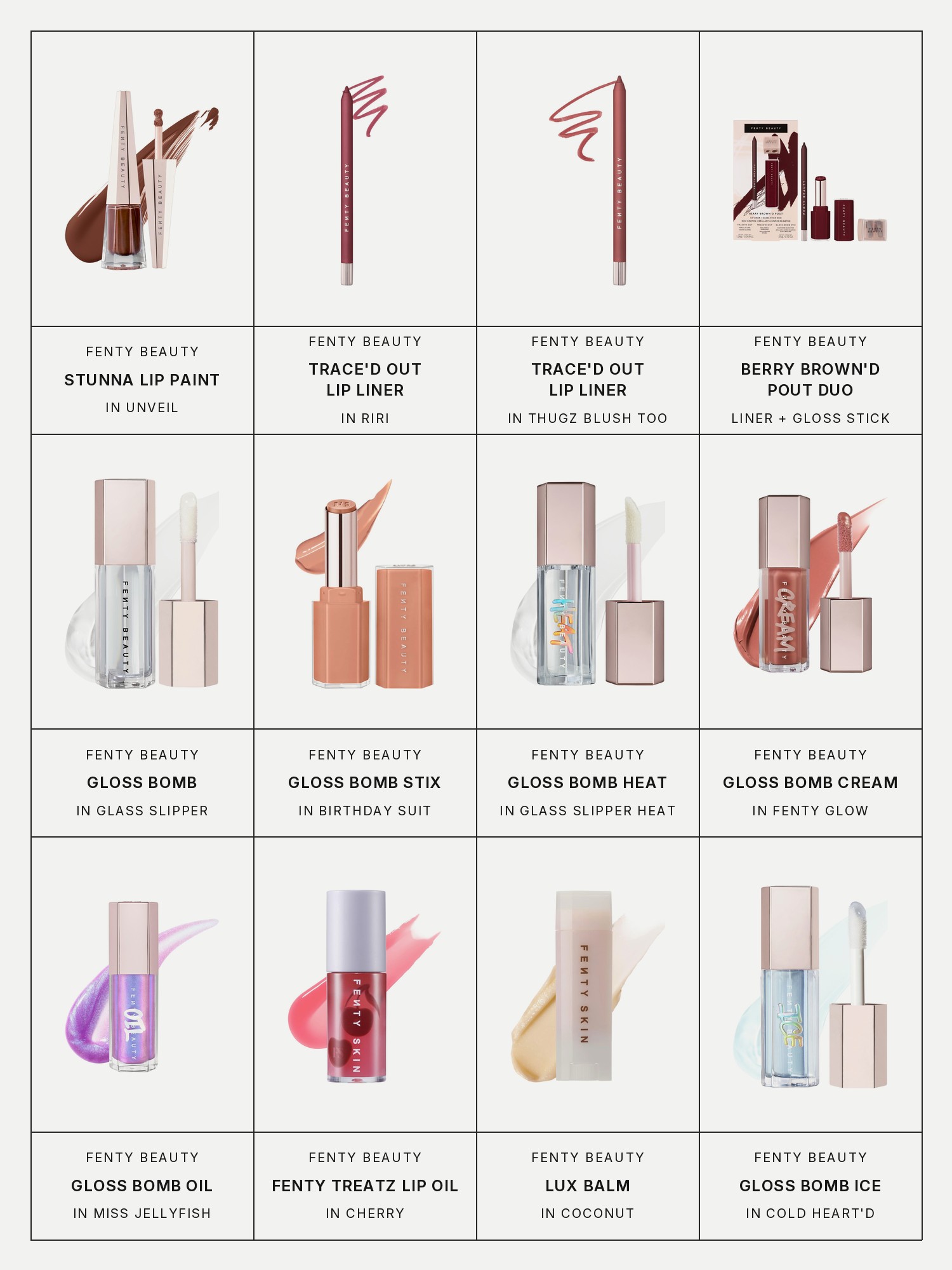Twelve boxes on a pale gray page, one for each product in this edit, each with its brand and name printed below: Fenty Beauty Stunna Lip Paint Longwear Fluid Lip Color, Fenty Beauty Trace'd Out Longwear Waterproof Pencil Lip Liner in RIRI, Fenty Beauty Trace'd Out Longwear Waterproof Pencil Lip Liner in Thugz Blush Too, Fenty Beauty Berry Brown'd Pout Lip Liner + Gloss Stick Duo, Fenty Beauty Gloss Bomb Universal Lip Gloss Luminizer, Fenty Beauty Gloss Bomb Stix High-Shine Gloss Stick, Fenty Beauty Gloss Bomb Heat Universal Lip Luminizer + Plumper, Fenty Beauty Gloss Bomb Cream Color Drip Lip Cream, Fenty Beauty Gloss Bomb Oil Luminizing Lip Oil 'N Gloss, Fenty Beauty Fenty Treatz Hydrating + Strengthening Lip Oil, Fenty Beauty Lux Balm Hydrating Moisture Barrier Lip Balm and Fenty Beauty Gloss Bomb Ice Cooling Lip Gloss.