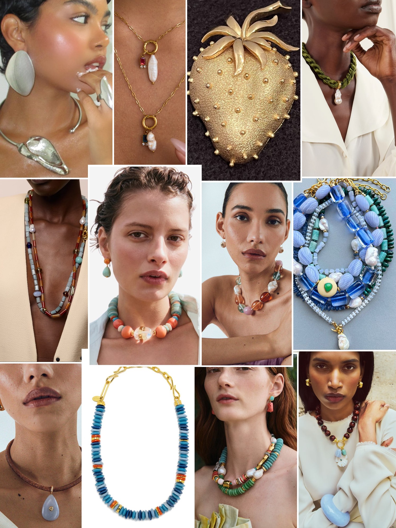 Collage of rings, earrings and layered necklaces worn up close, in the spirit of Lizzie Fortunato