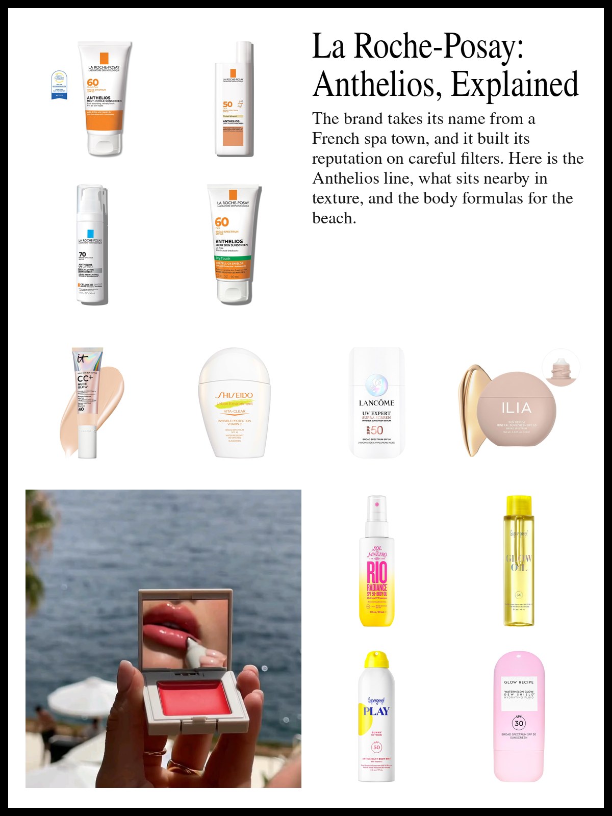 Collage of Anthelios sunscreens, face formulas and body oils beside a photo of a hand holding a small open compact with red cream color and a mirror reflecting glossy red lips, with a blurred blue sea and white beach umbrellas behind.