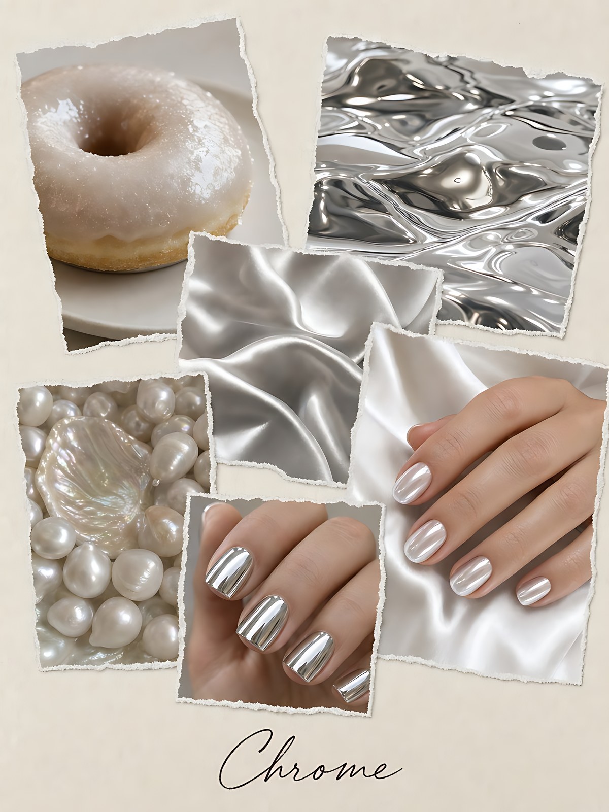 Mood board of chrome nails: a glazed donut, liquid silver, silver satin, pearls, and pearly and mirror chrome manicures