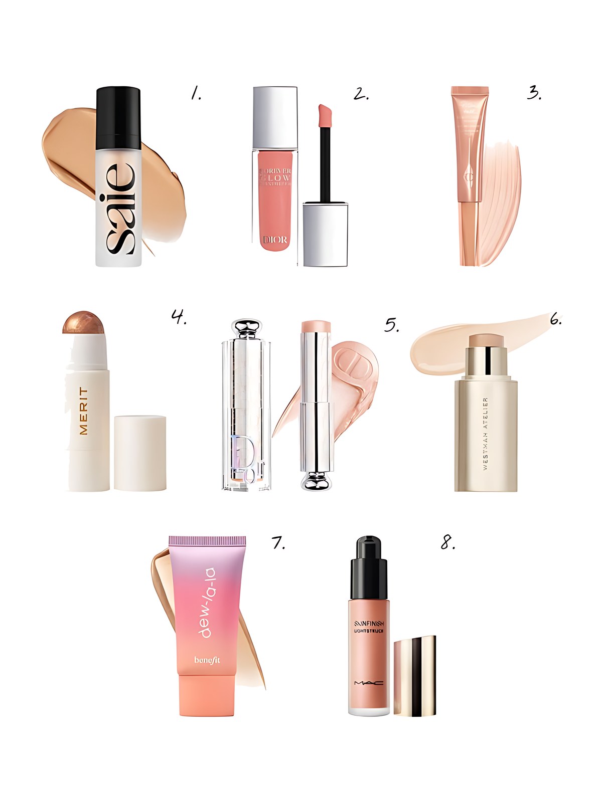 Numbered collage: 1. Saie Glowy Super Gel Lightweight Multipurpose Illuminator & Liquid Highlighter in Beachglow; 2. Dior Forever Glow Maximizer Longwear Liquid Highlighter in 014 Rosy; 3. Charlotte Tilbury Beauty Highlighter Wand in Pillow Talk; 4. MERIT Day Glow Dewy Highlighting Balm in Solstice; 5. Dior Backstage Glassy Glow Stick Multi-Use Stick Highlighter Balm in 034 Glazed Bubble; 6. Westman Atelier Lit Up Glassy Gel Highlighter Stick in Pärla; 7. Benefit Cosmetics Dew La La All-Over Glow Liquid Highlighter in Luna; 8. MAC Cosmetics Skinfinish Lightstruck Hydrating, Radiant Glow Liquid Highlighter in Space Slippers