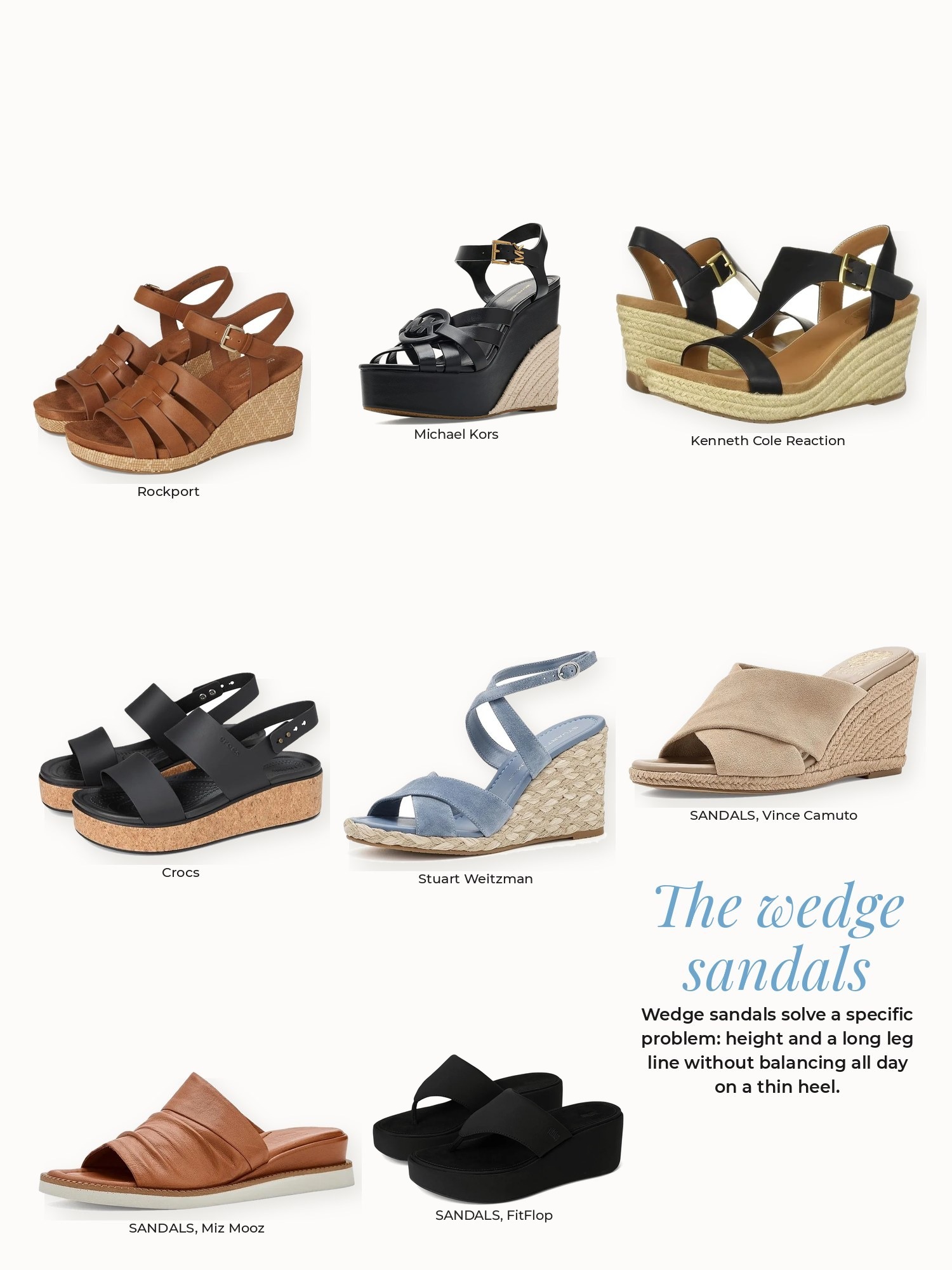 Wedge sandals collage: Crocs, FitFlop, Kenneth Cole Reaction, Michael Kors, Miz Mooz, Rockport, Stuart Weitzman, Vince Camuto