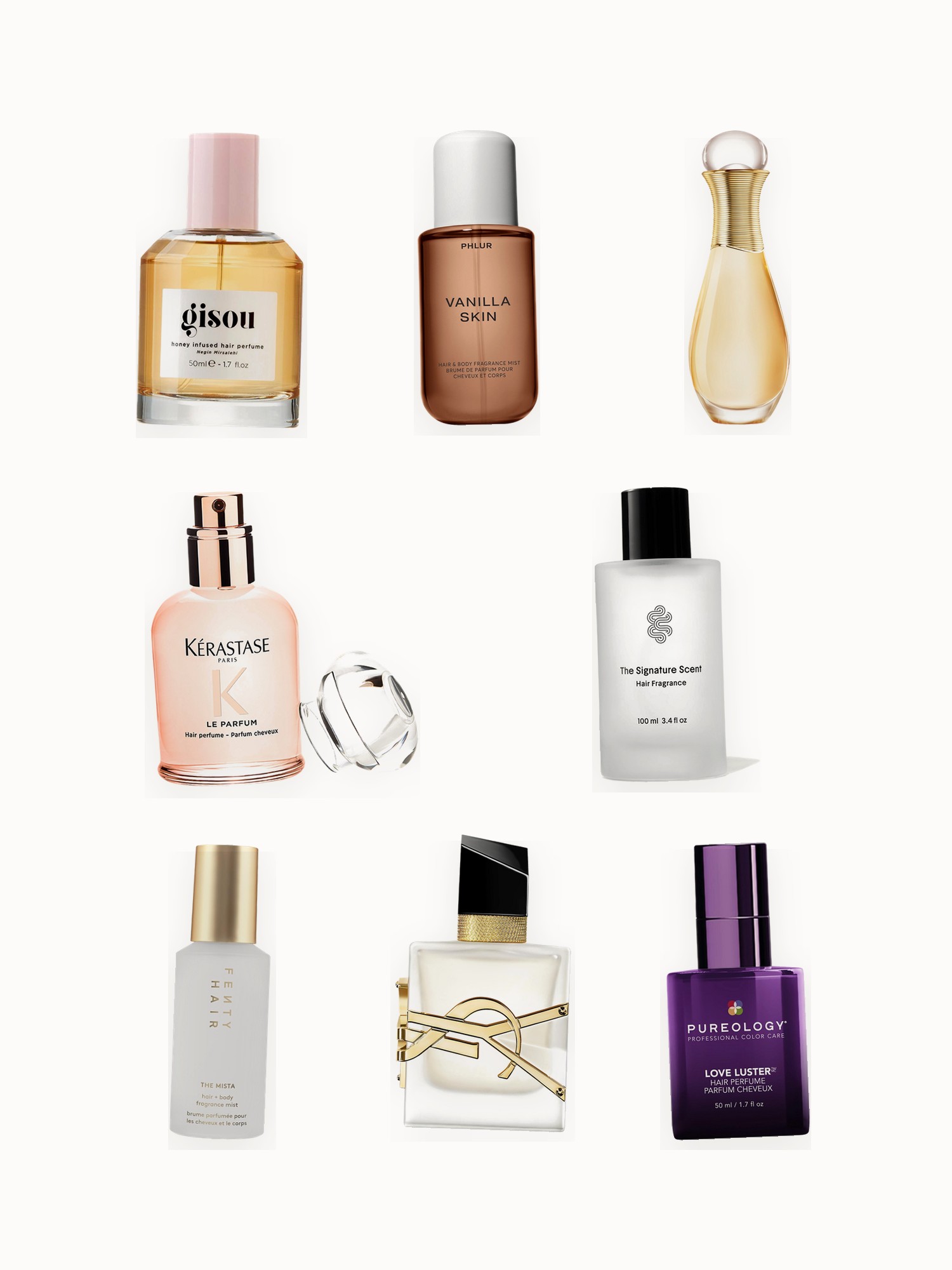 Flat lay of hair perfumes and hair mists on an off-white background