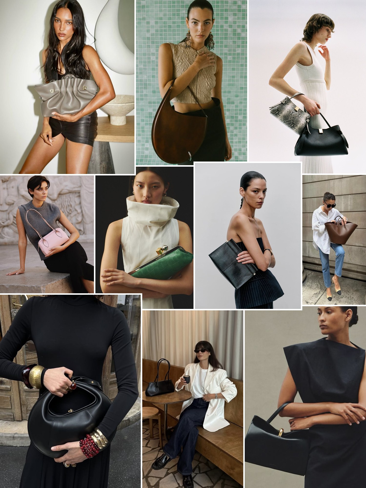 Collage of sculptural leather top-handle bags and similar looks